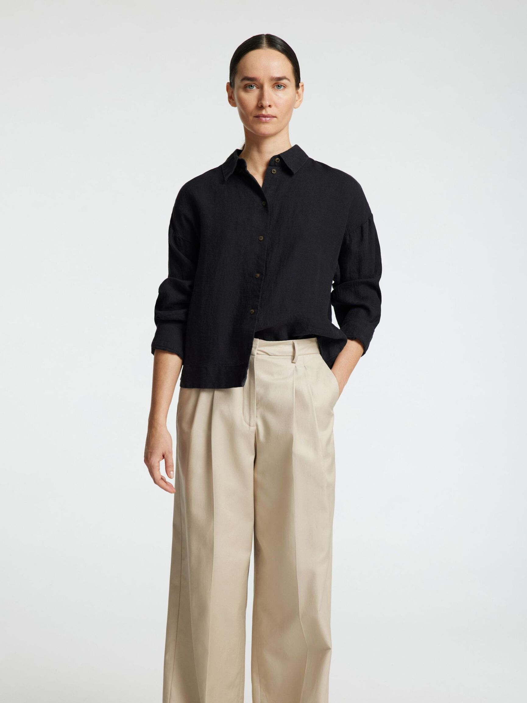 LINEN SHIRT, Black, highres