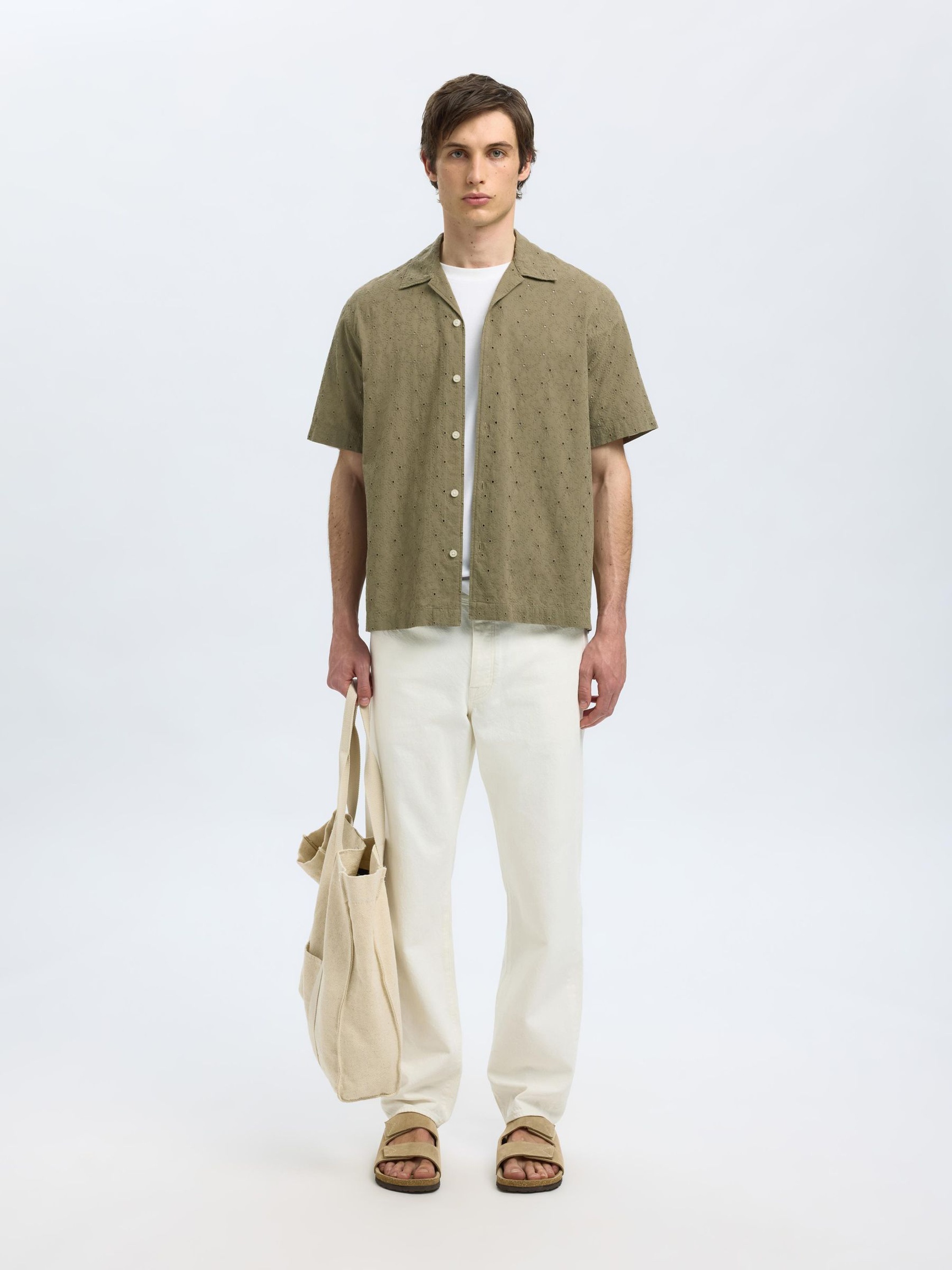 BRODERIE ANGLAISE OVERHEMD MET KORTE MOUWEN, Vetiver, highres