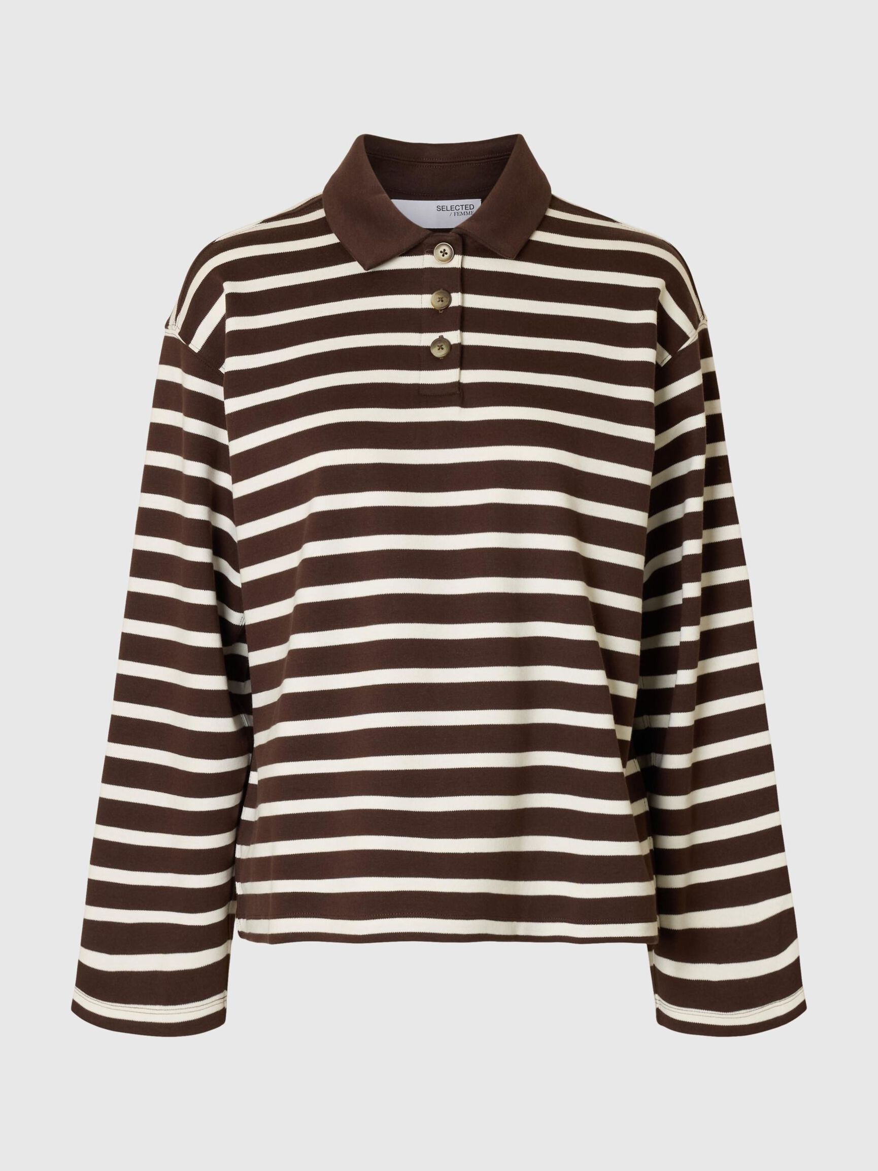 STRIPED  LONG-SLEEVED POLO, Coffee Bean, highres
