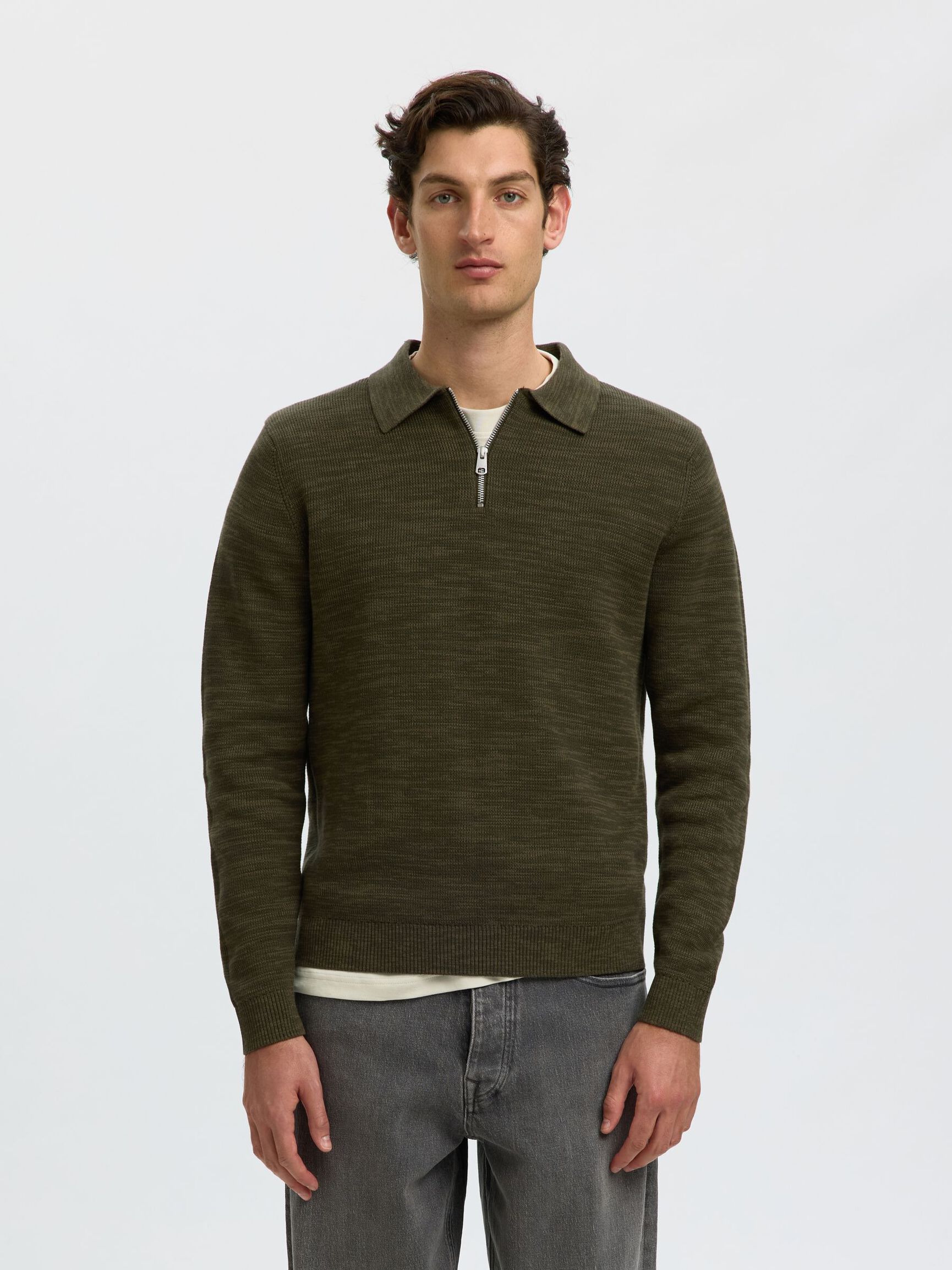 LONG SLEEVED HALF-ZIP JUMPER, Forest Night, highres