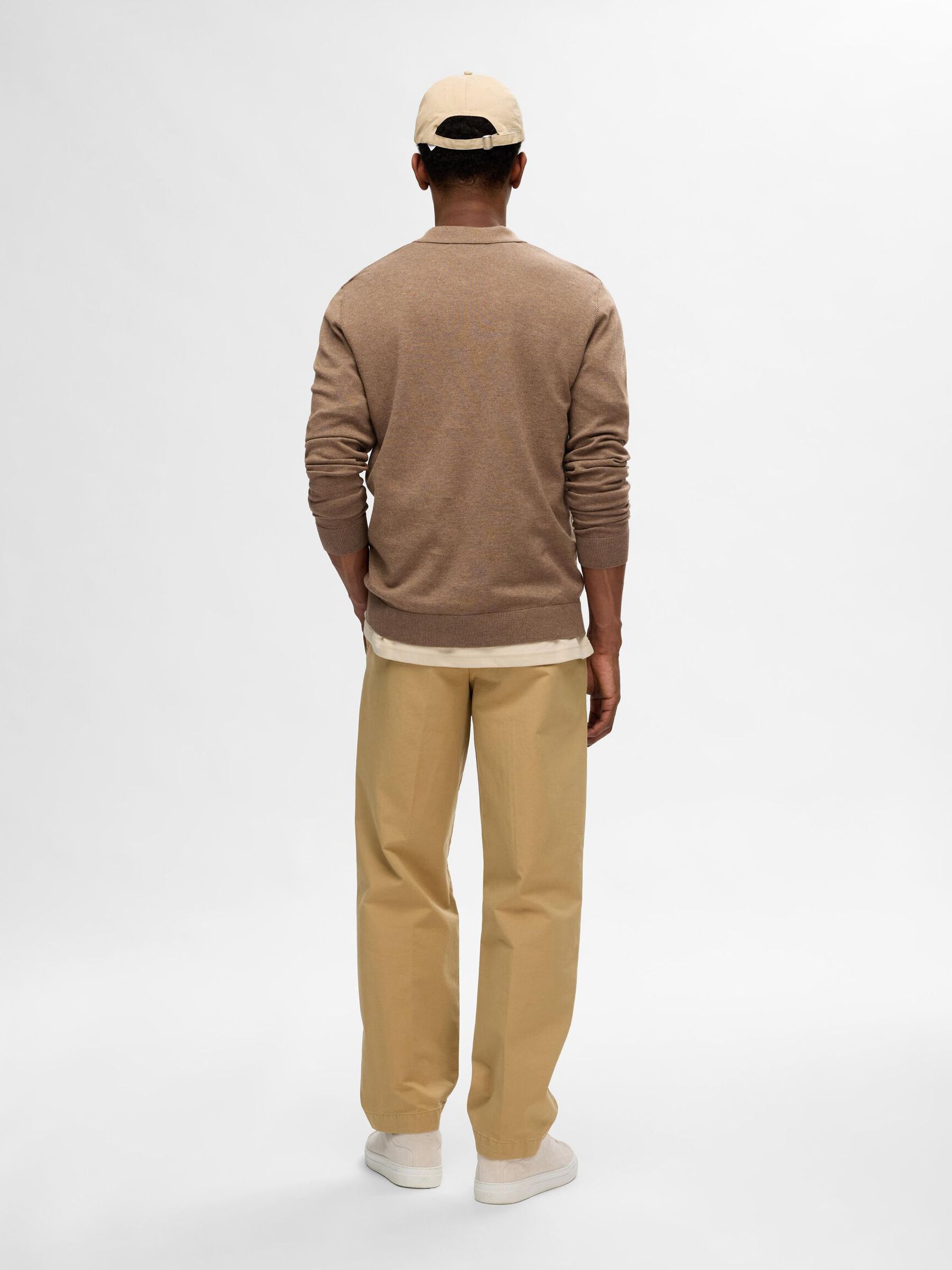 KNITTED LONG-SLEEVED POLO, Teak, highres