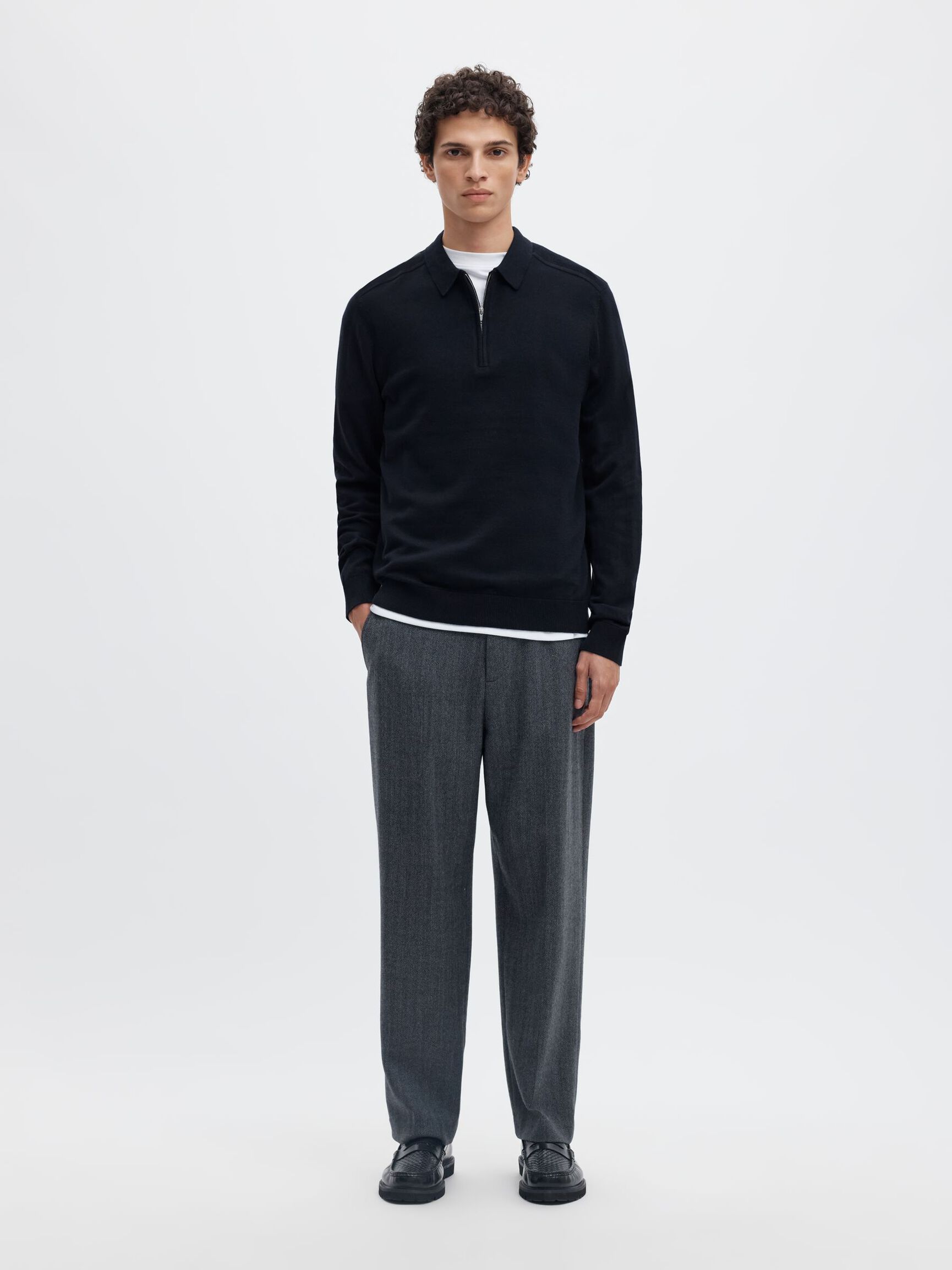 KNITTED LONG-SLEEVED POLO, Navy Blazer, highres