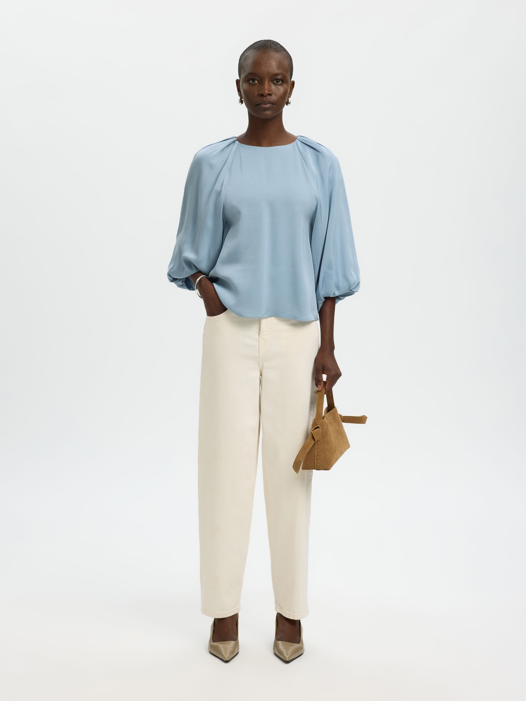 VISCOSE BLOUSE MANCHES 3/4, Dusty Blue, highres