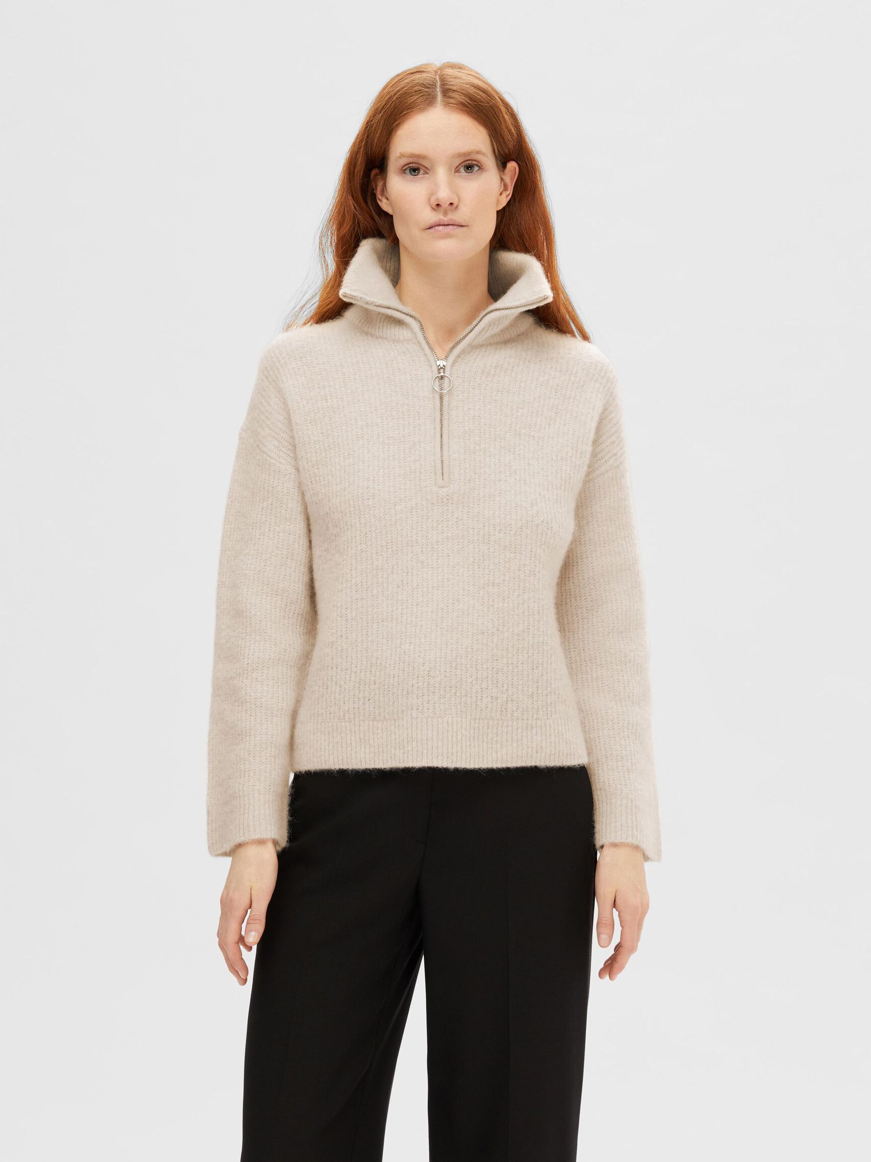 EN LAINE MÉLANGÉE AVEC FERMETURE ÉCLAIR PARTIELLE PULLOVER, Birch, highres