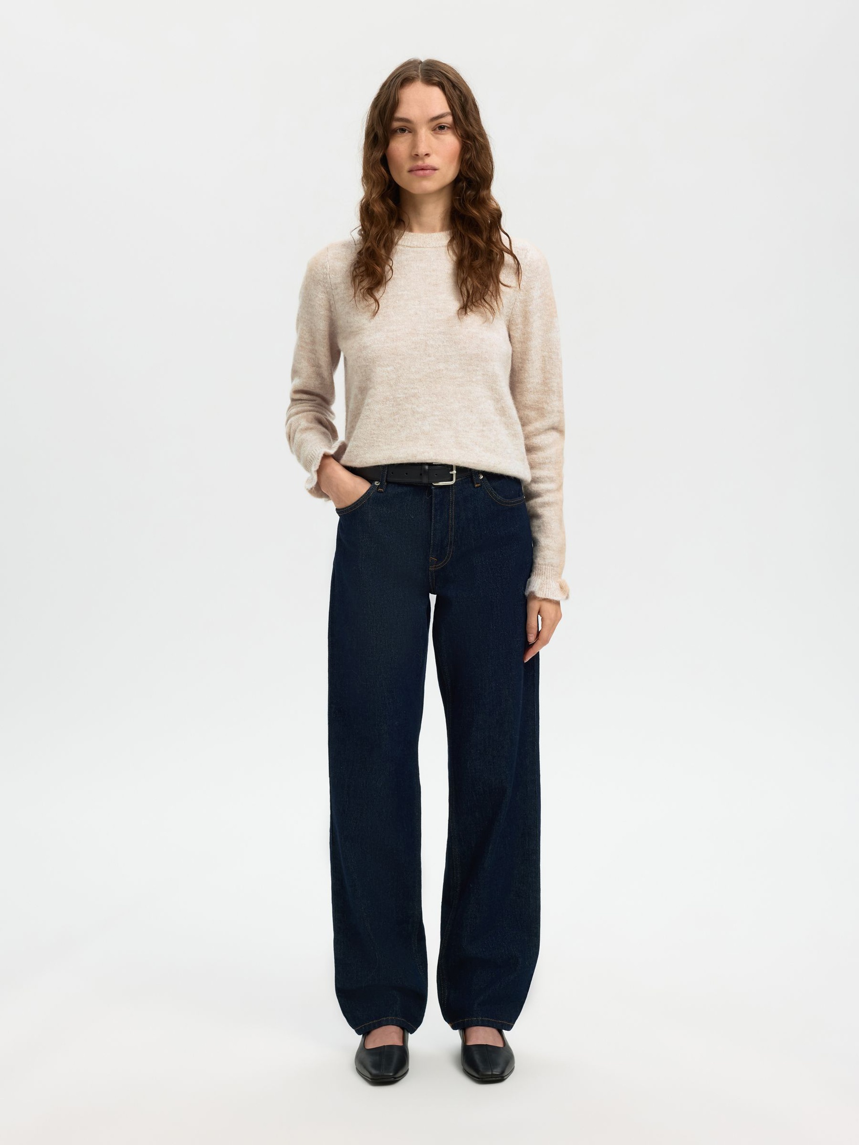 WOOL BLEND RUFFLED SLEEVE PULLOVER, Birch, highres