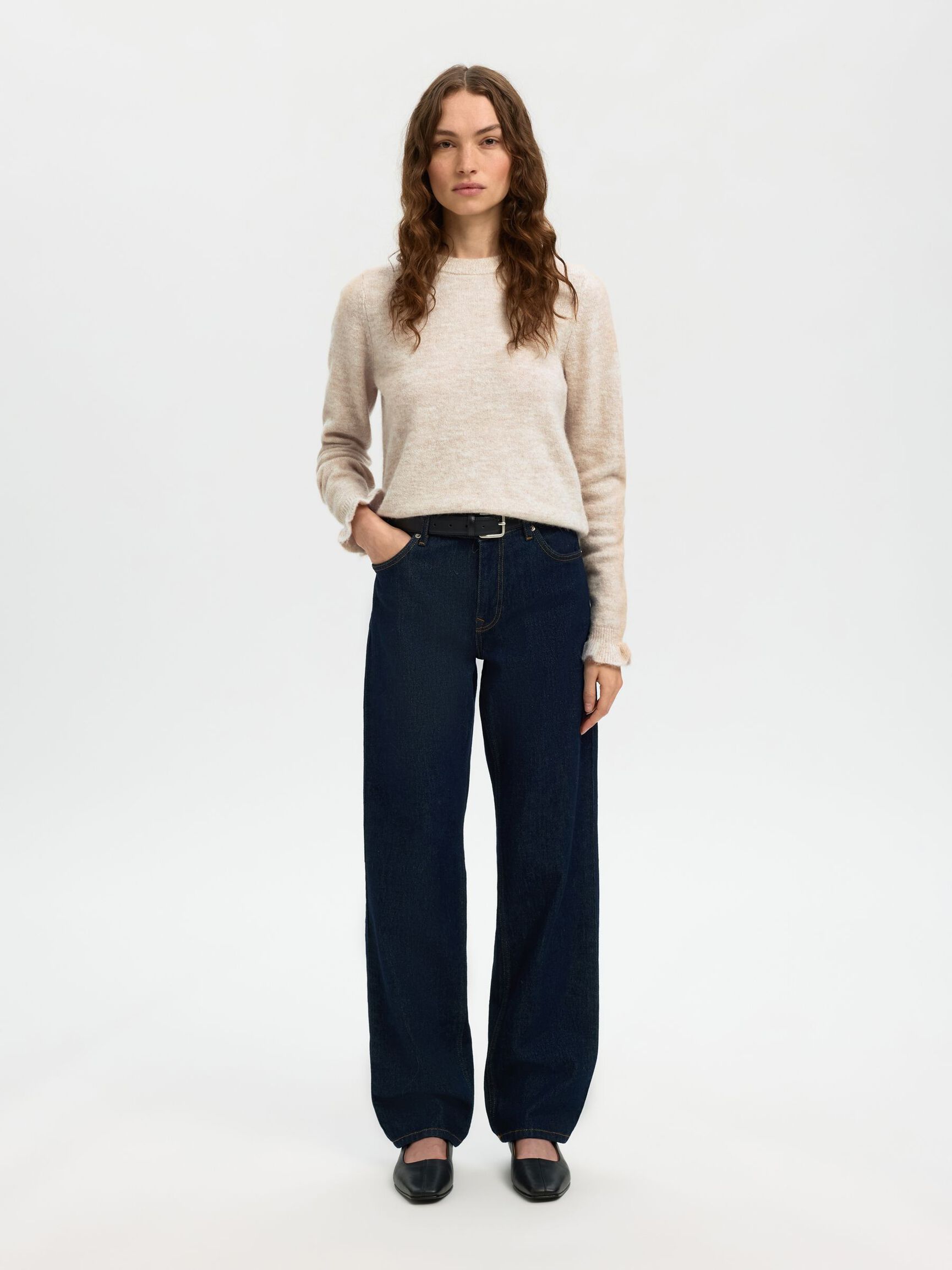 WOOL BLEND RUFFLED SLEEVE PULLOVER, Birch, highres