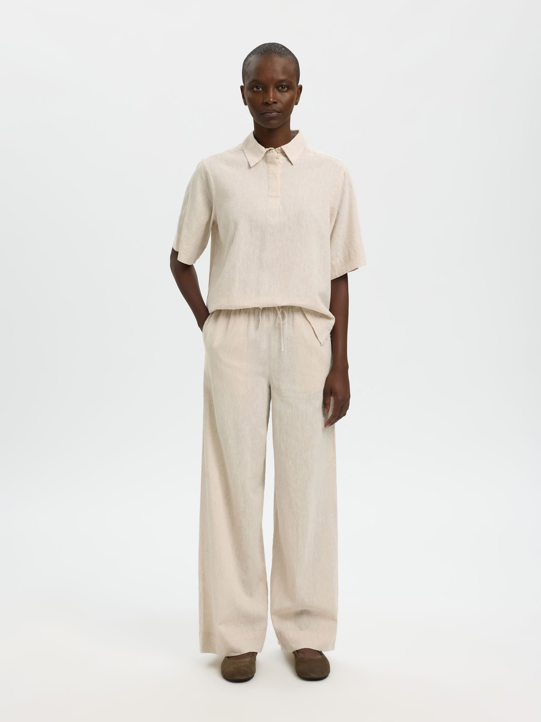 LINEN BLEND WIDE-LEG TROUSERS, Sandshell, highres