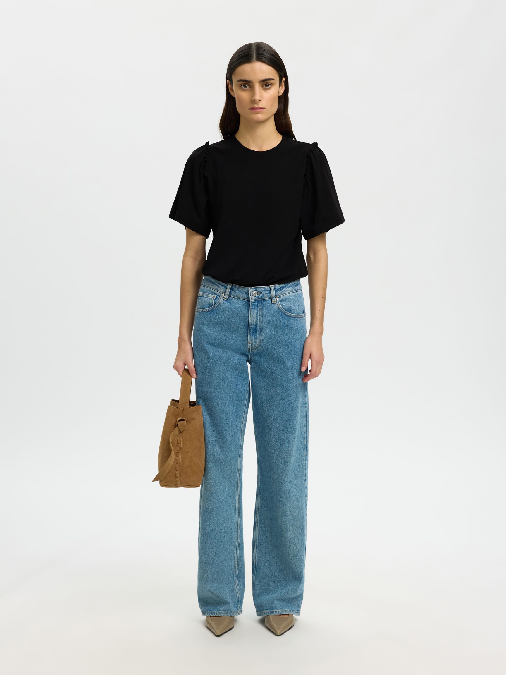 RUFFLED COTTON T-SHIRT, Black, highres