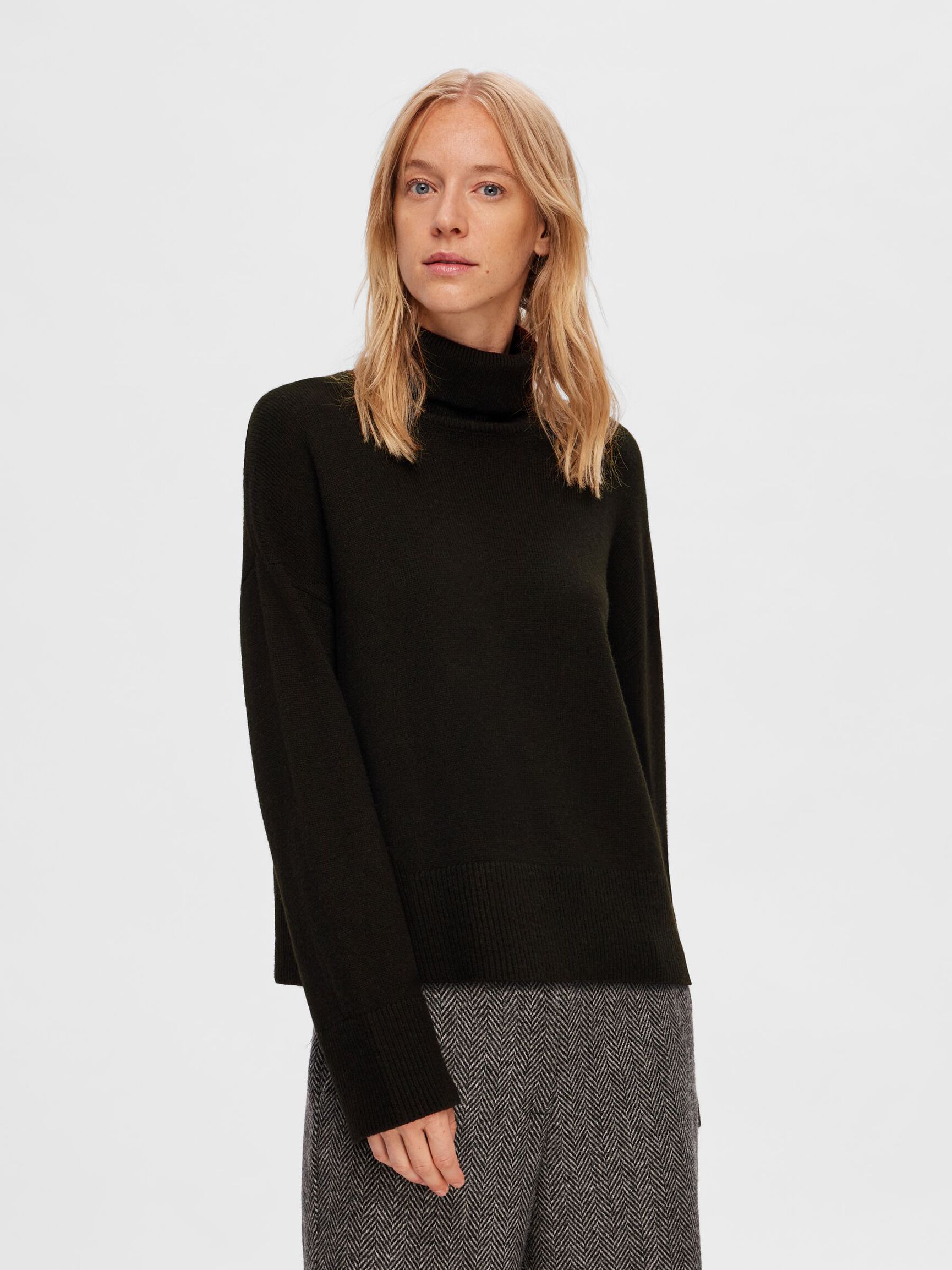 WOOL BLEND ROLL NECK JUMPER, Black, highres