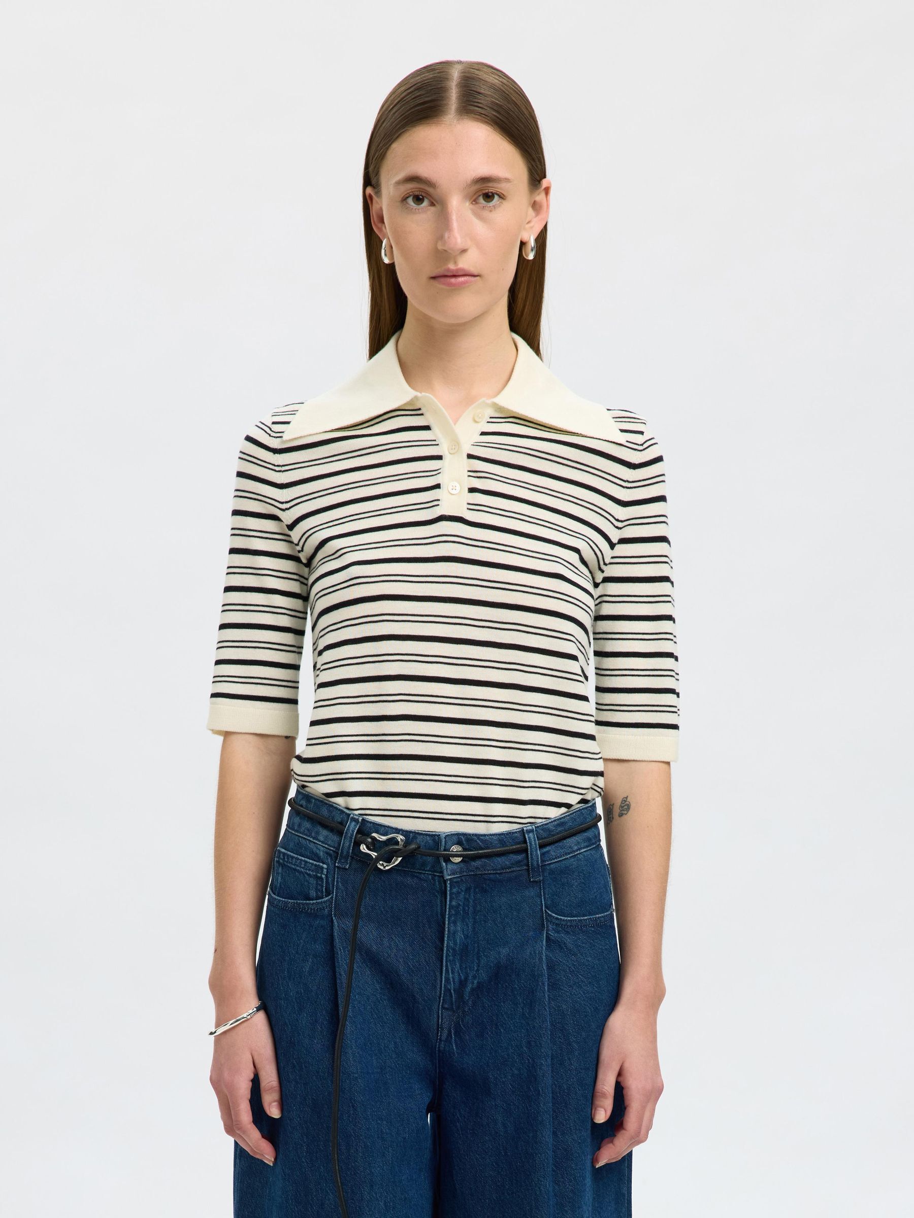 100% MERINOWOL GEBREIDE POLO, Snow White, highres