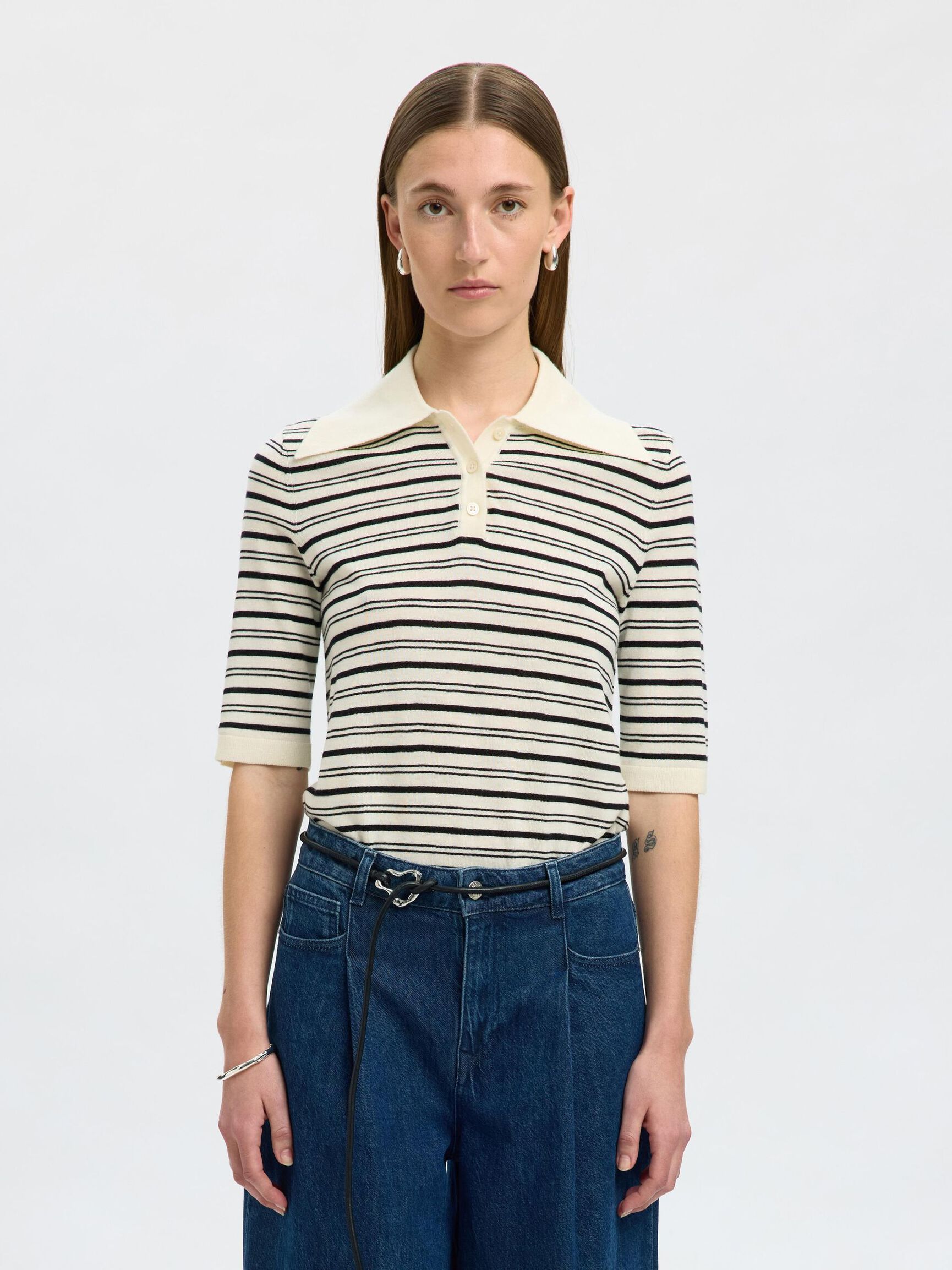 100% MERINO WOOL KNITTED POLO SHIRT, Snow White, highres