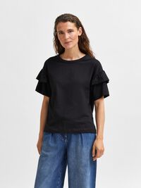 COTTON RUFFLE  T-SHIRT, Black, highres