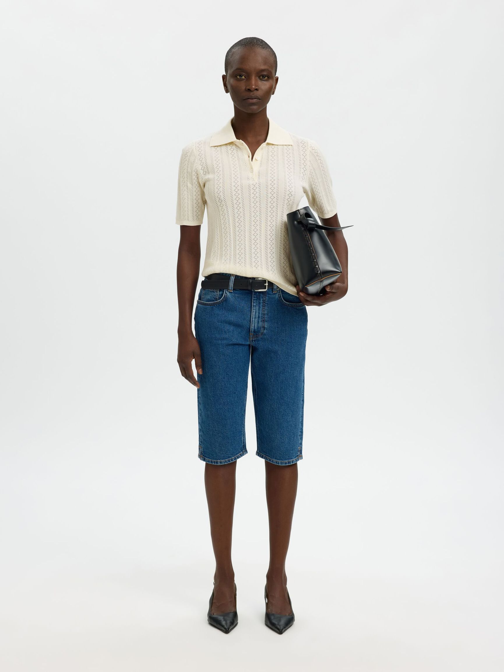 COTTON KNITTED POLO SHIRT, Snow White, highres