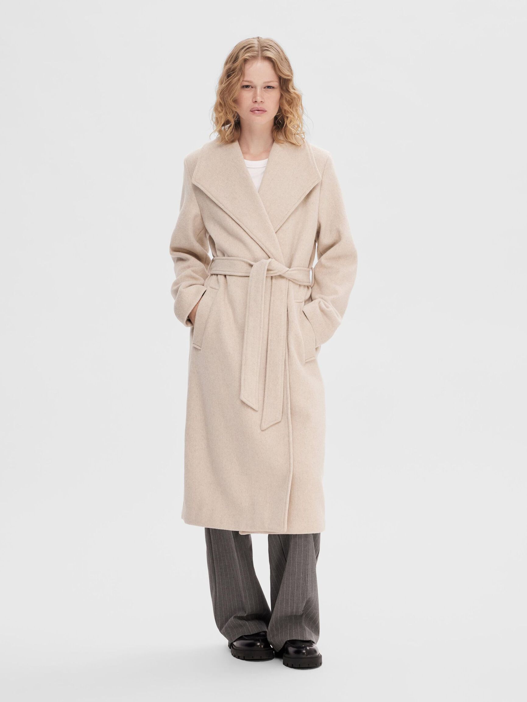 BELTED WOOL BLEND COAT, Sandshell, highres