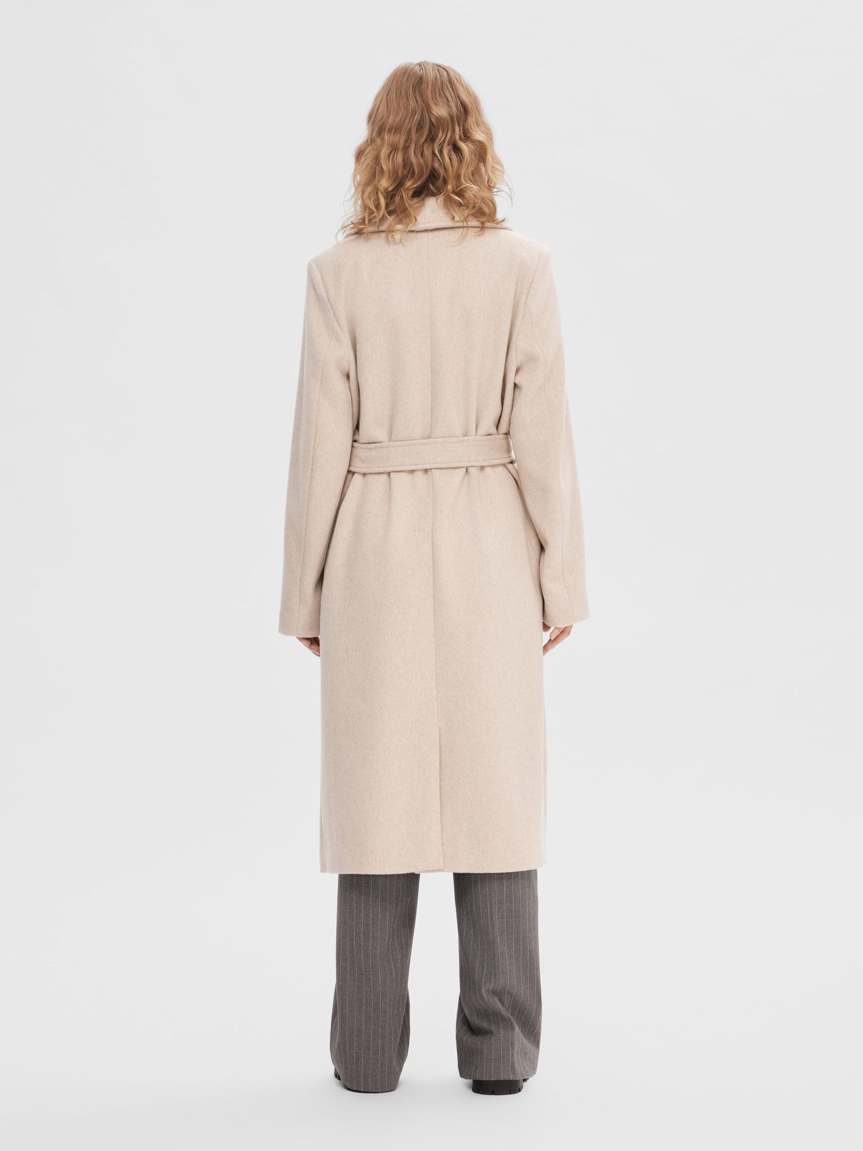 BELTED WOOL BLEND COAT, Sandshell, highres