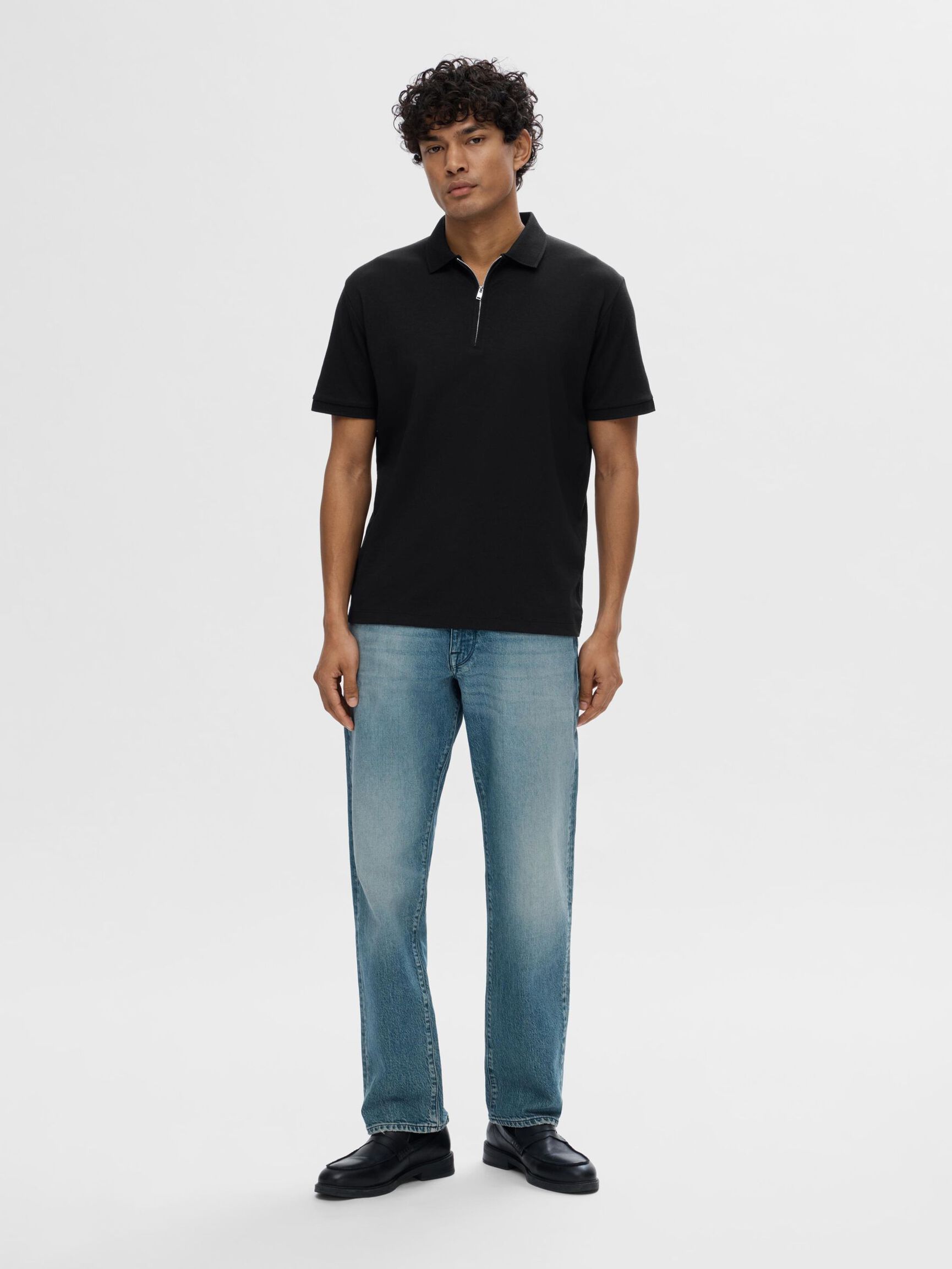 ZIPPER POLO SHIRT, Black, highres