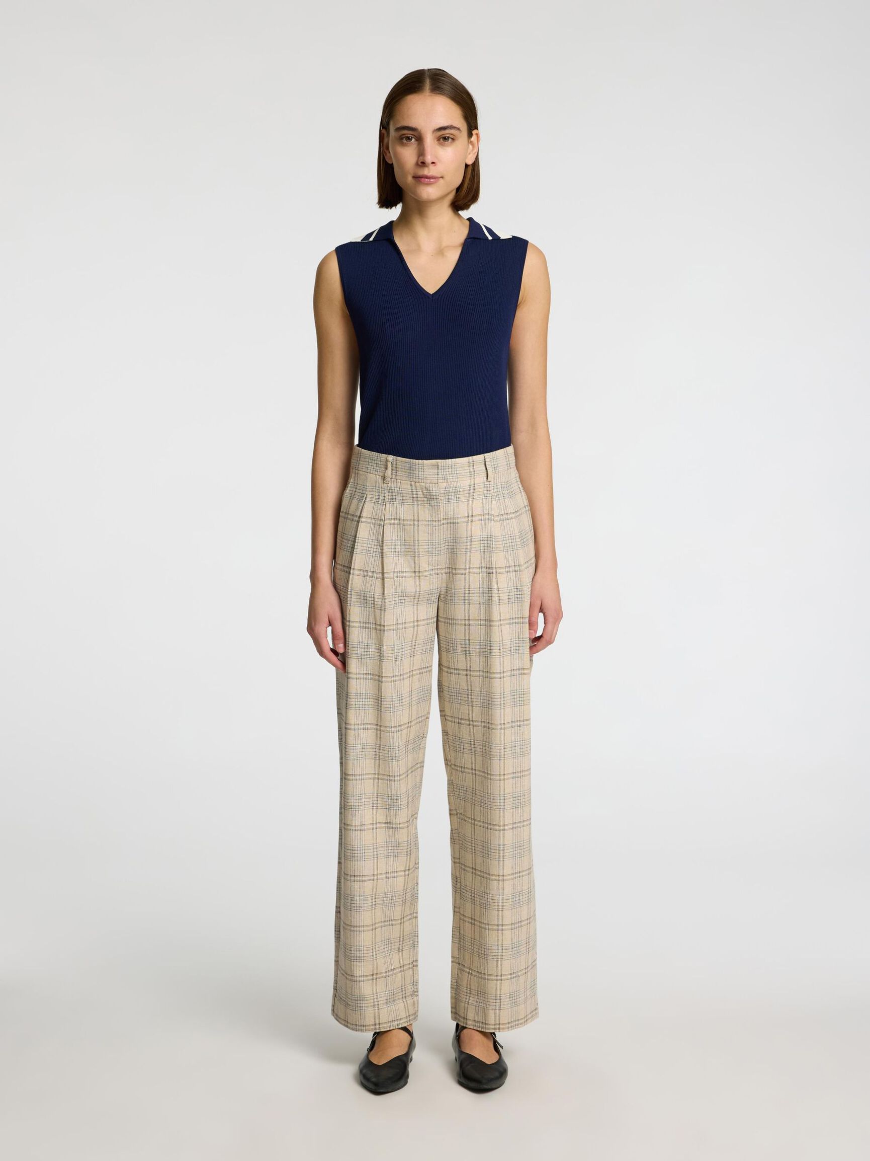 LINEN BLEND CHECKED WIDE-LEG TROUSERS, Bleached Sand, highres