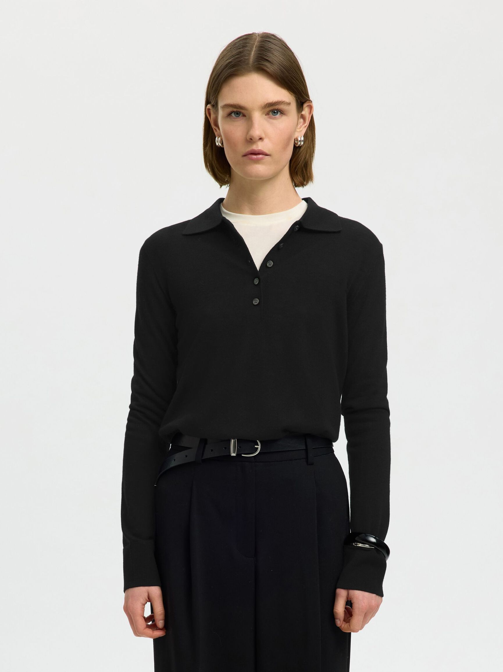 100% MERINOULD STRIKKET POLOSHIRT, Black, highres