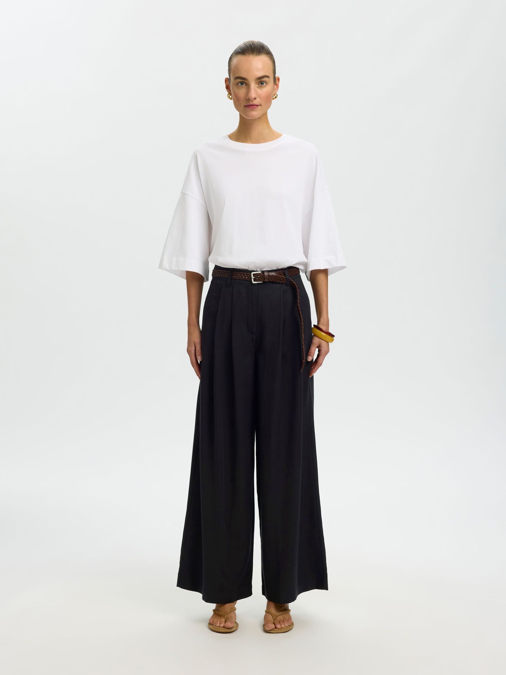 PLEATED WIDE-LEG TROUSERS, Black, highres