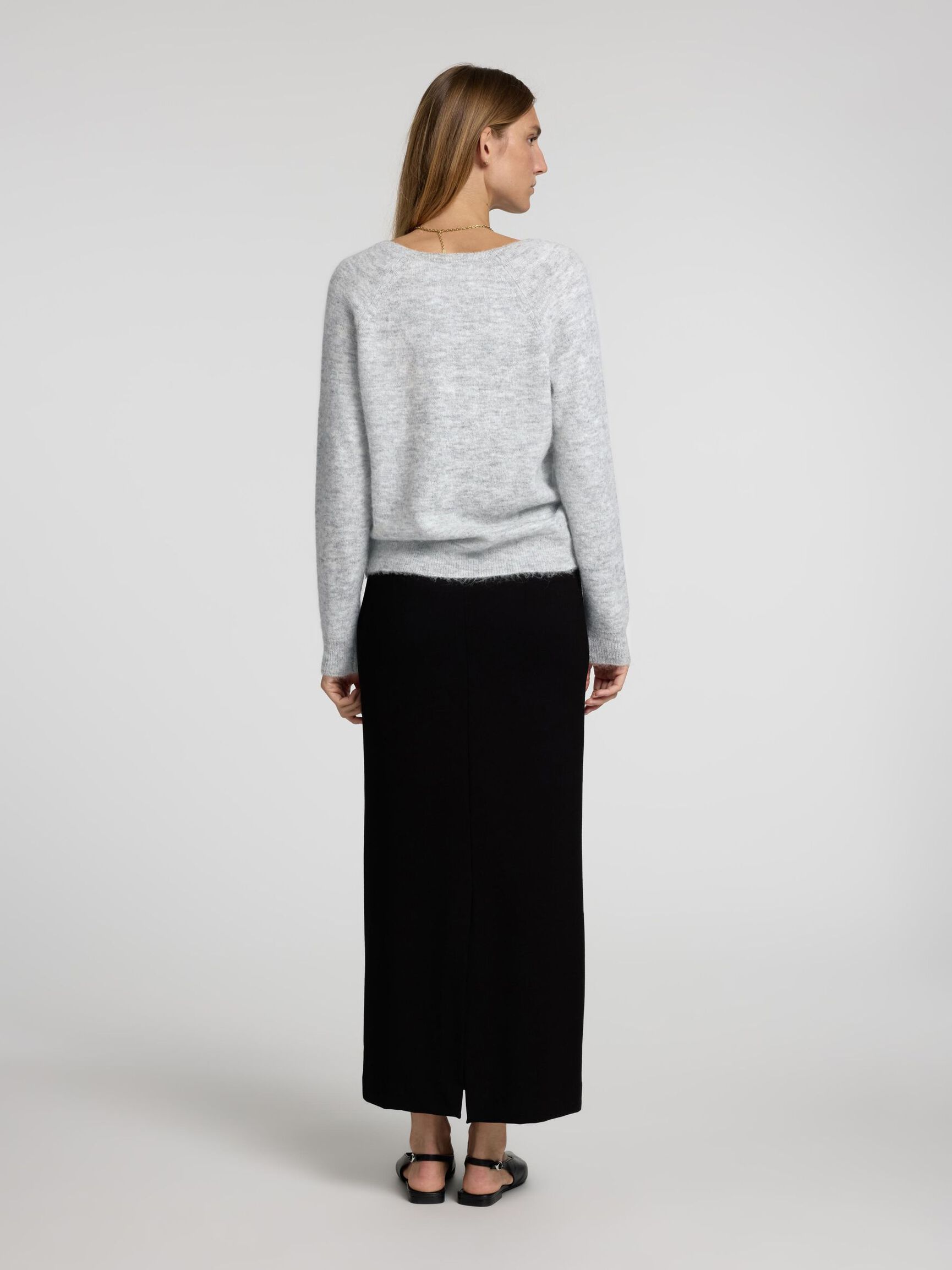 WOOL BLEND V NECK PULLOVER, Light Grey Melange, highres