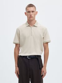 ZIPPER KNITTED POLO SHIRT, Oatmeal, highres