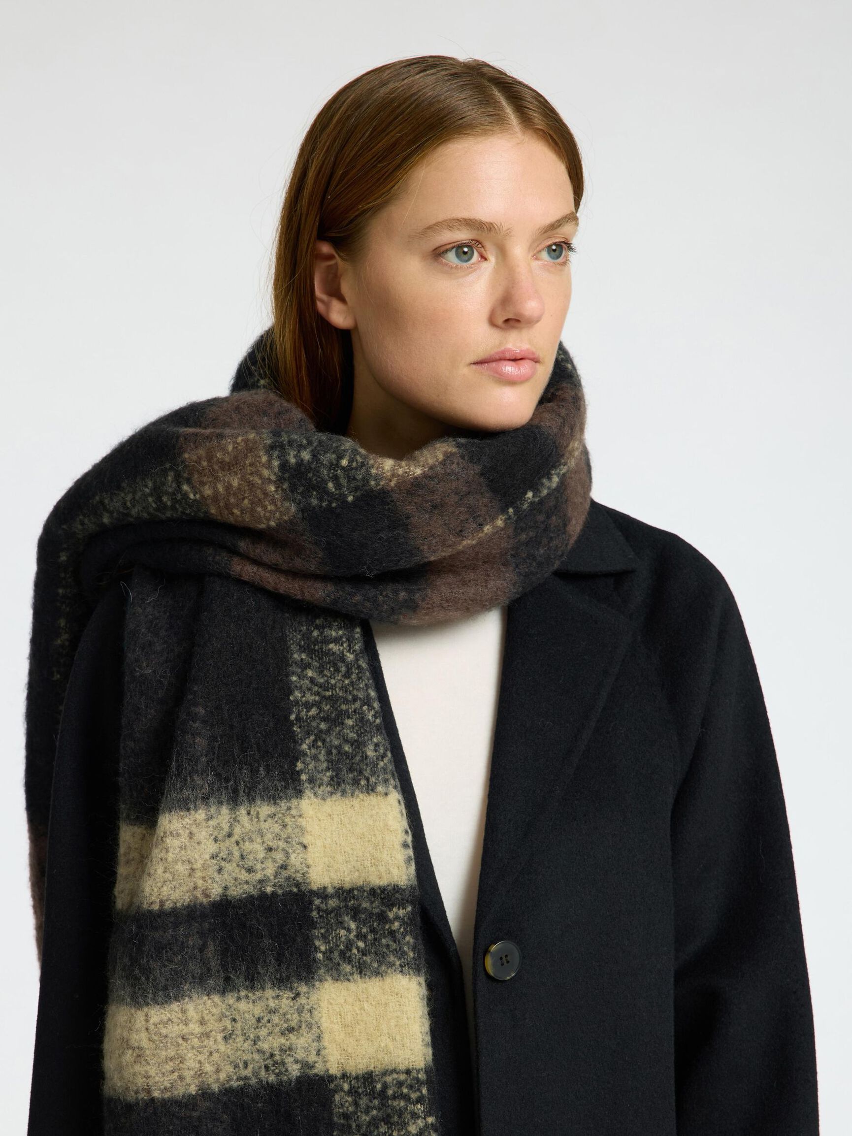 CHECKED WOOL BLEND SCARF, Coffee Bean, highres