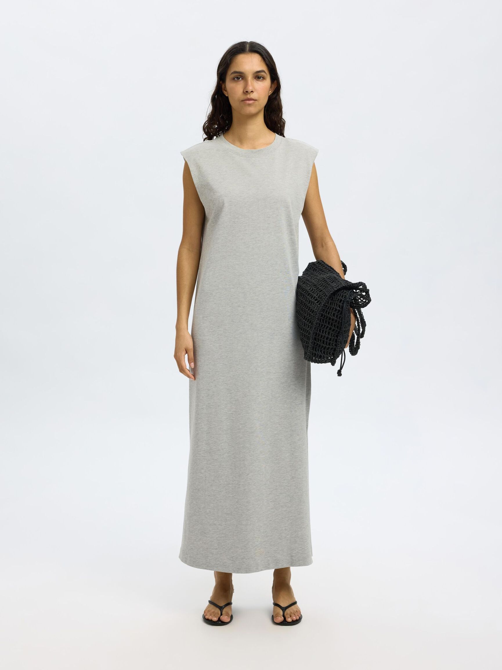 ÄRMELLOSES BAUMWOLL MAXIKLEID, Light Grey Melange, highres