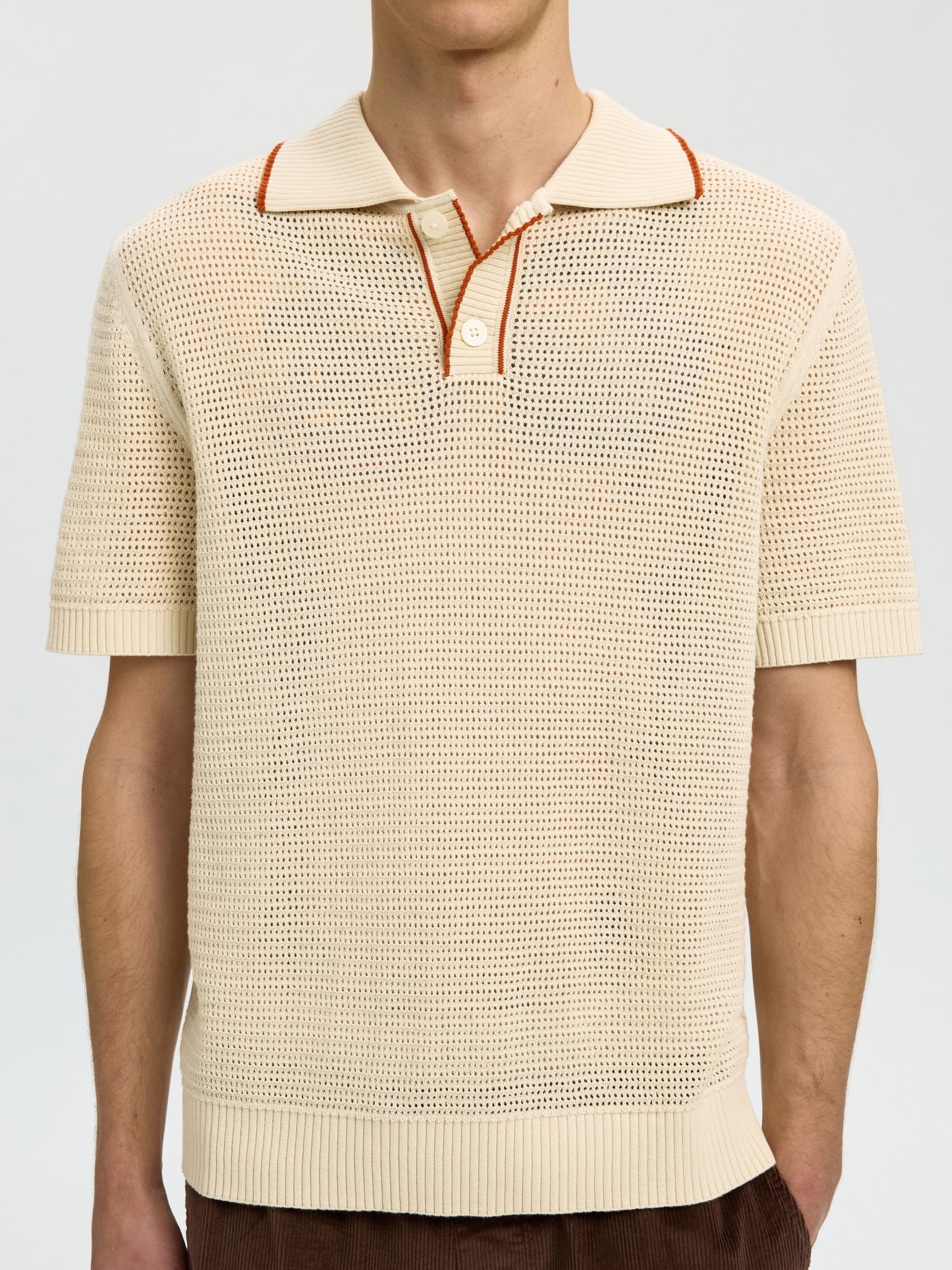 SHORT SLEEVED KNITTED POLO SHIRT, Birch, highres