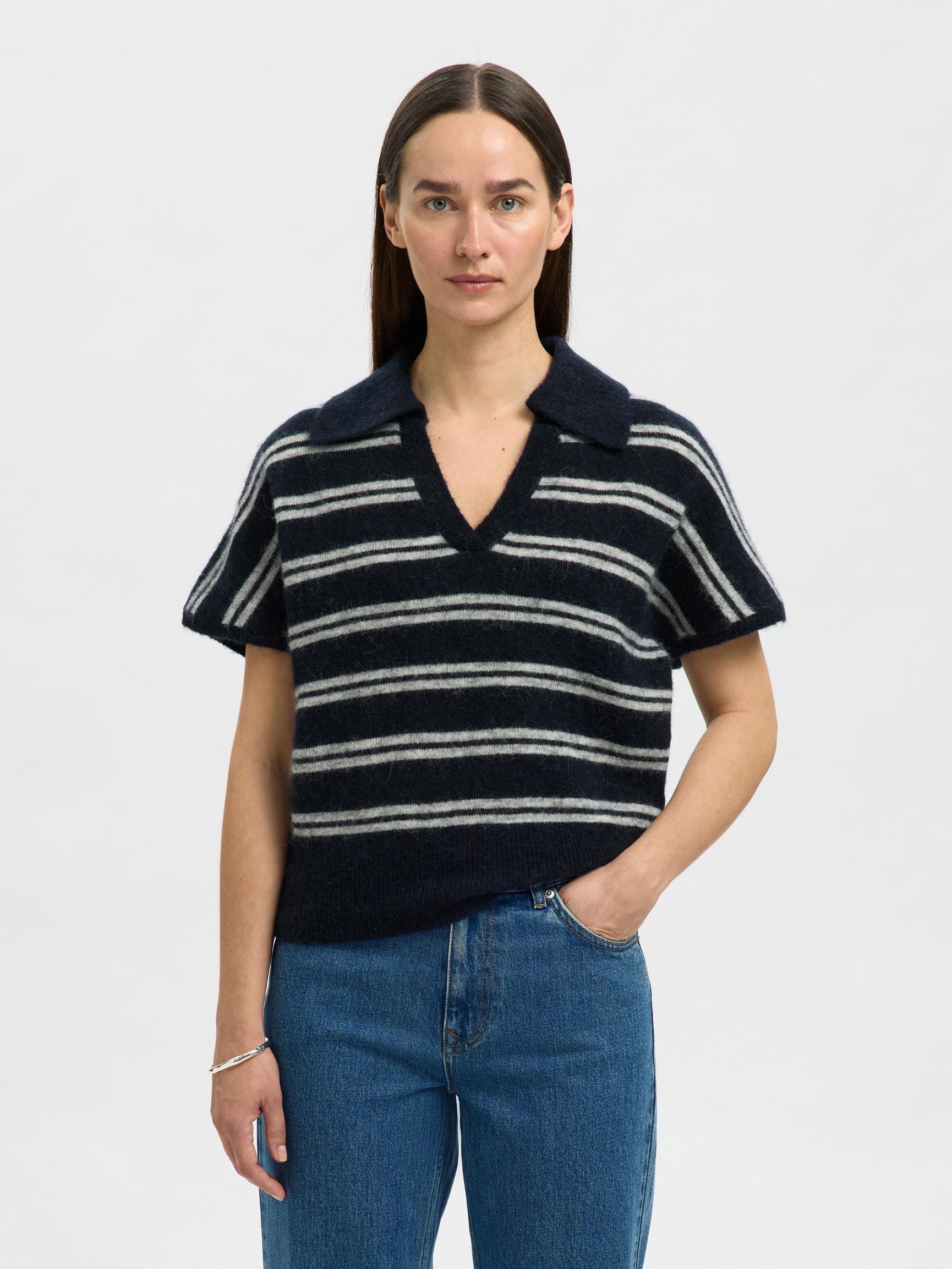 ULDBLANDING STRIKKET POLOSHIRT, Dark Sapphire, highres
