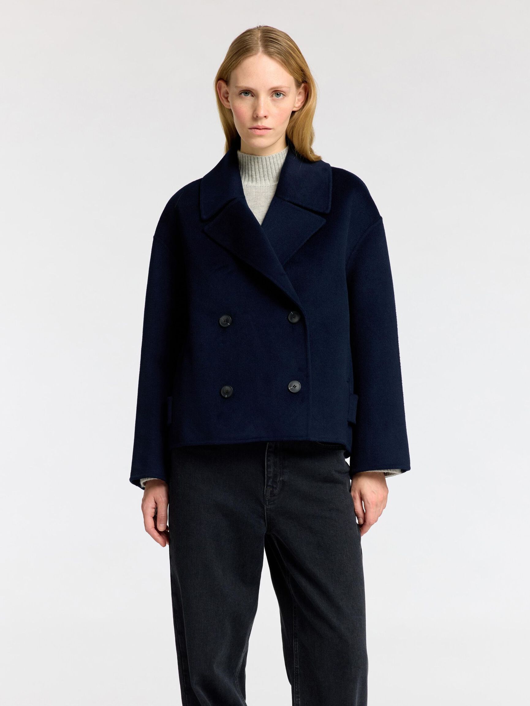DOUBLE BREASTED WOOL BLEND COAT, Dark Sapphire, highres