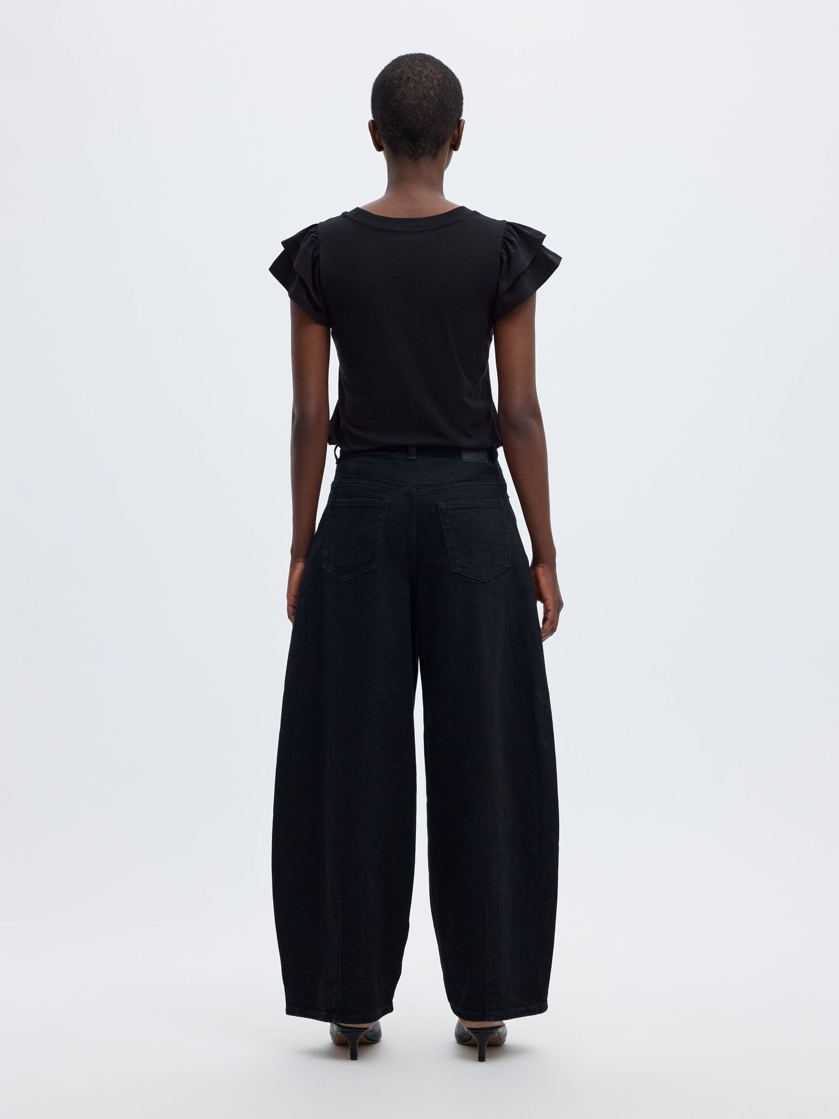 COTTON RUFFLED T-SHIRT, Black, highres