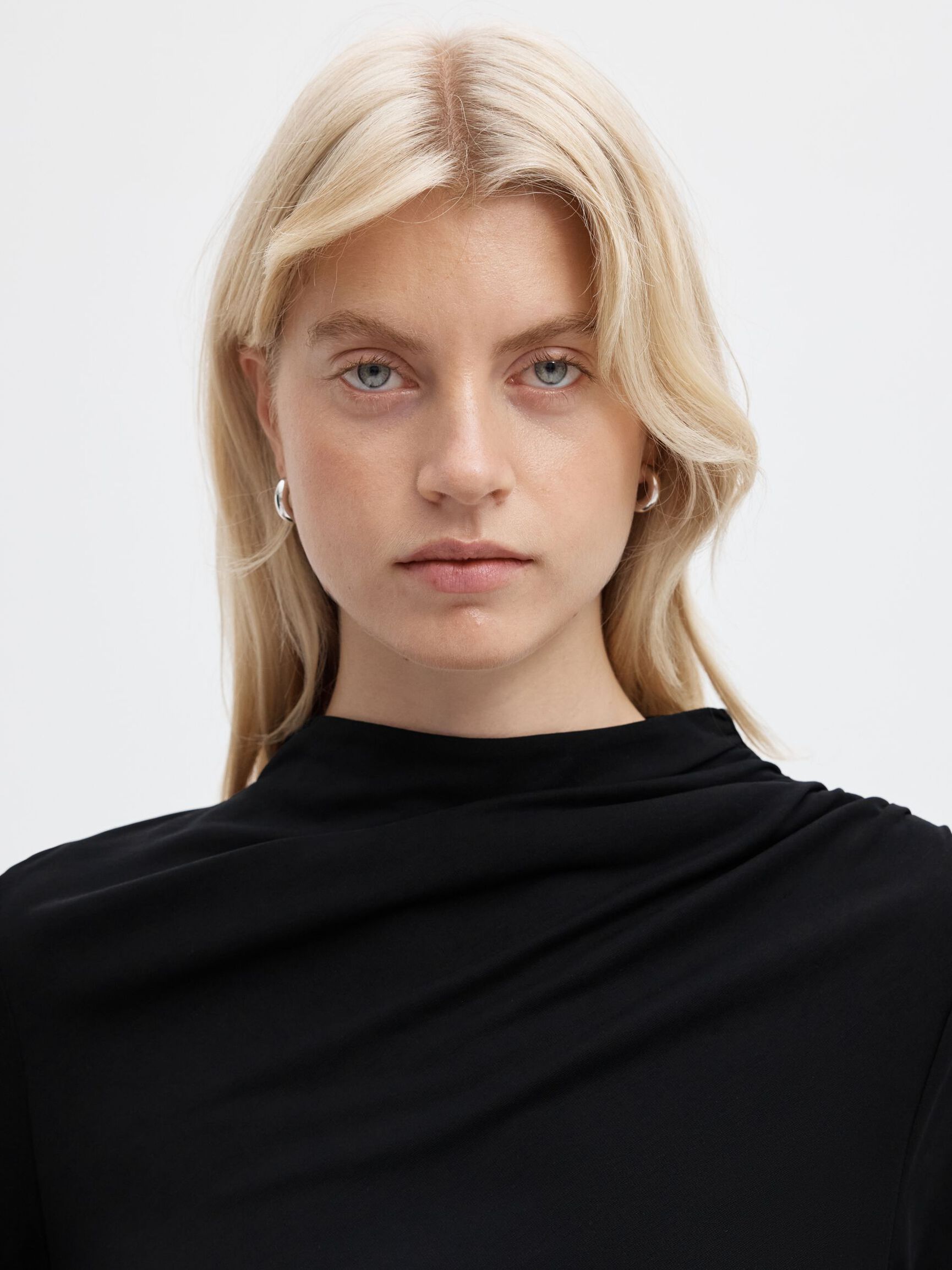 DRAPED HIGH-NECK MINI DRESS, Black, highres