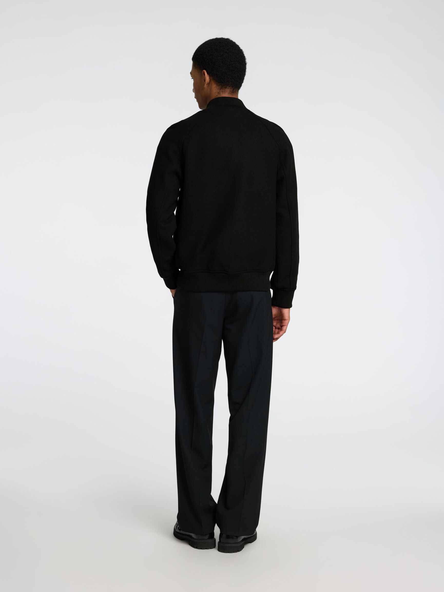WOOL BLEND BOMBER JACKET, Black, highres