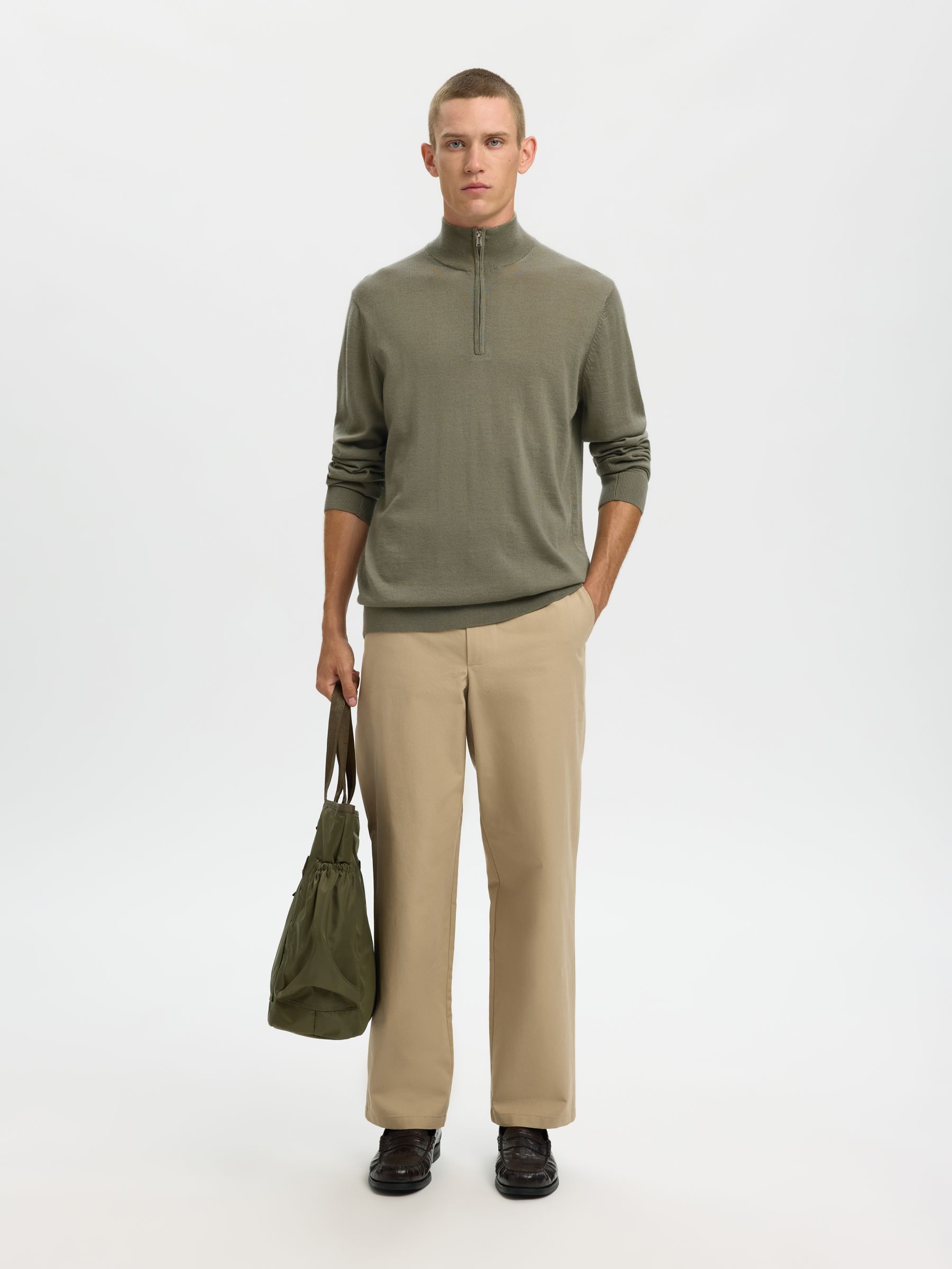 100% MERINO WOOL HALF-ZIP JUMPER, Vetiver, highres