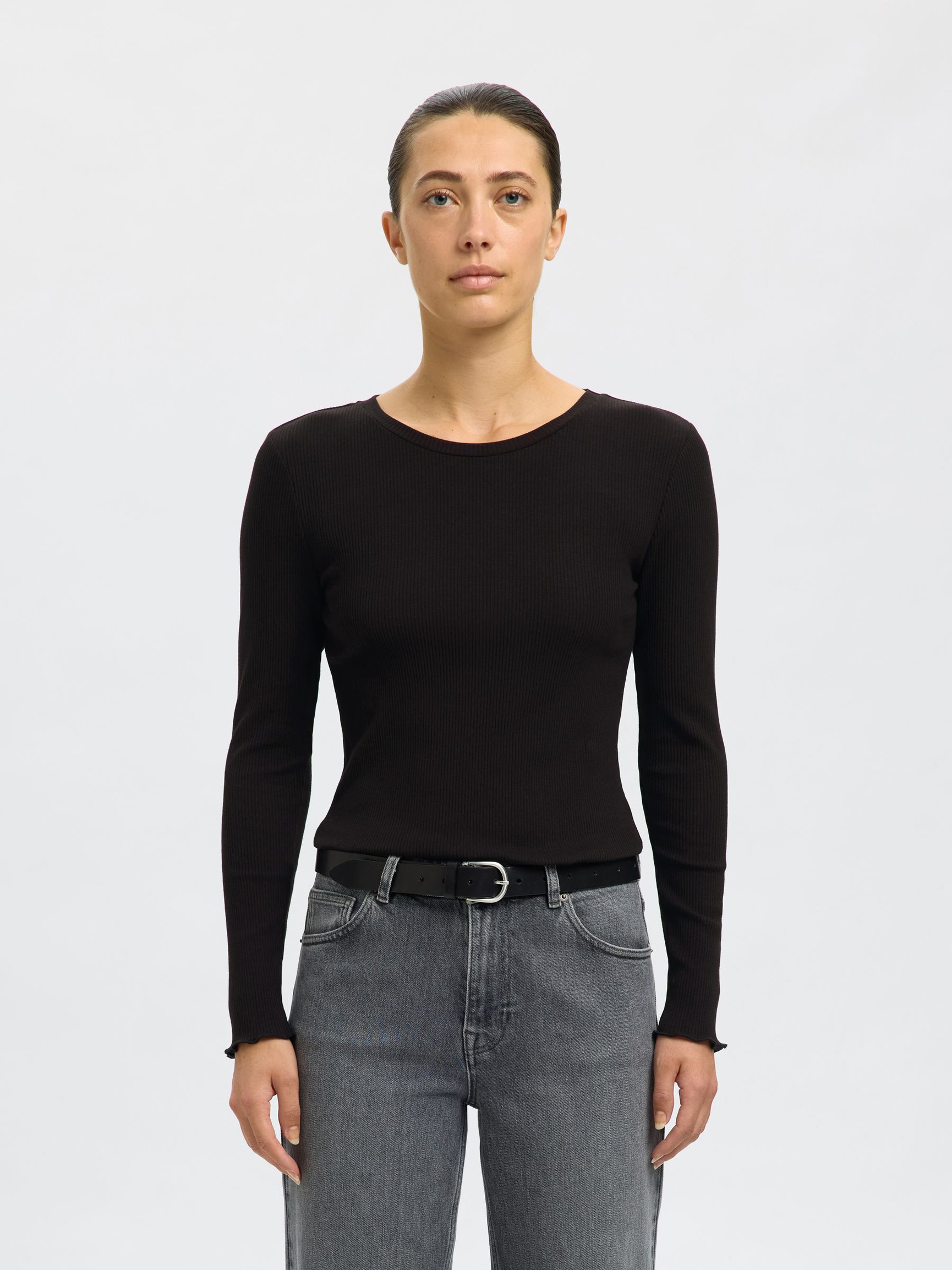 RIBBET TOP MED LANGE ÆRMER, Black, highres