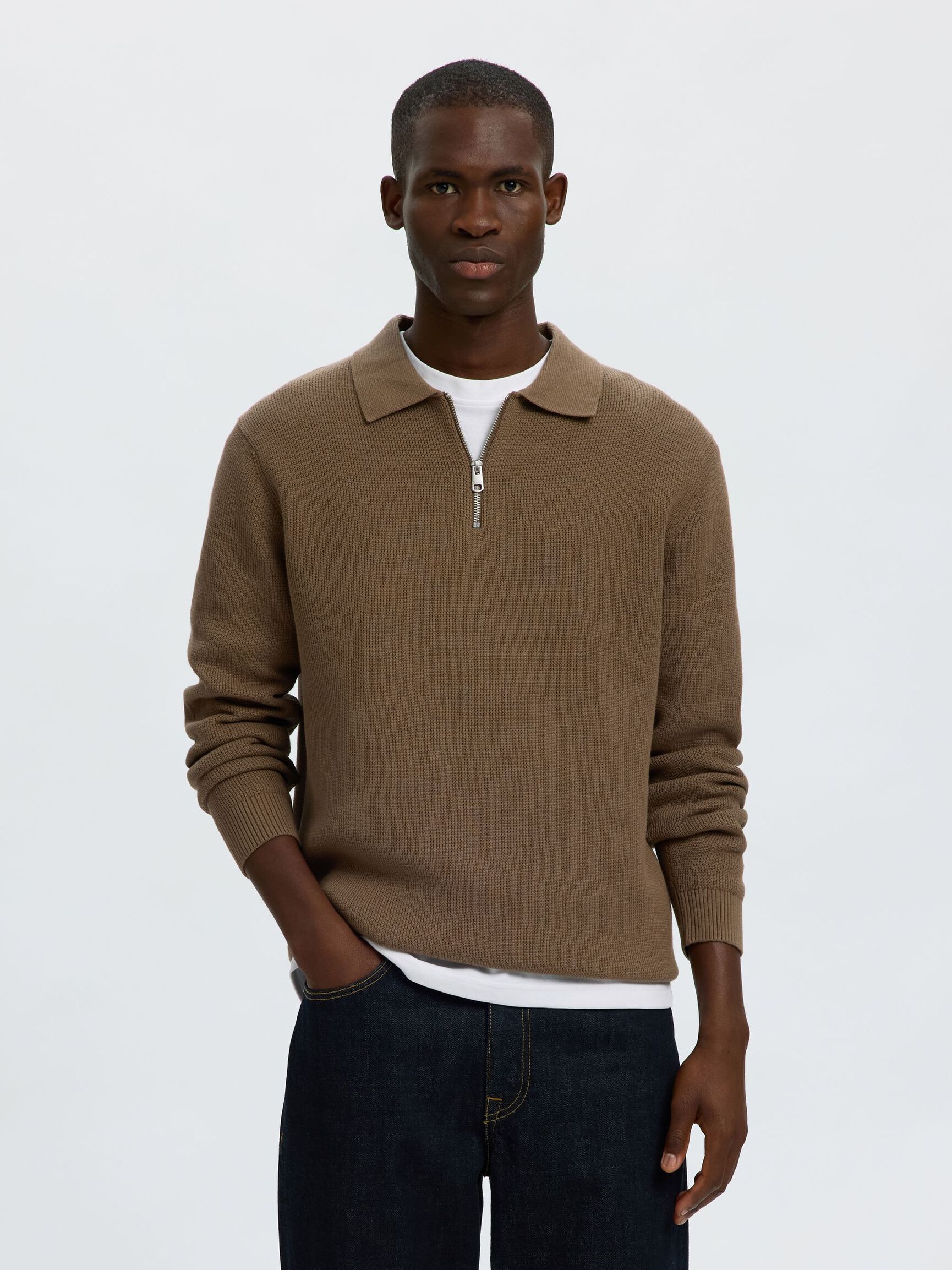 LONG SLEEVED HALF-ZIP JUMPER, Morel, highres