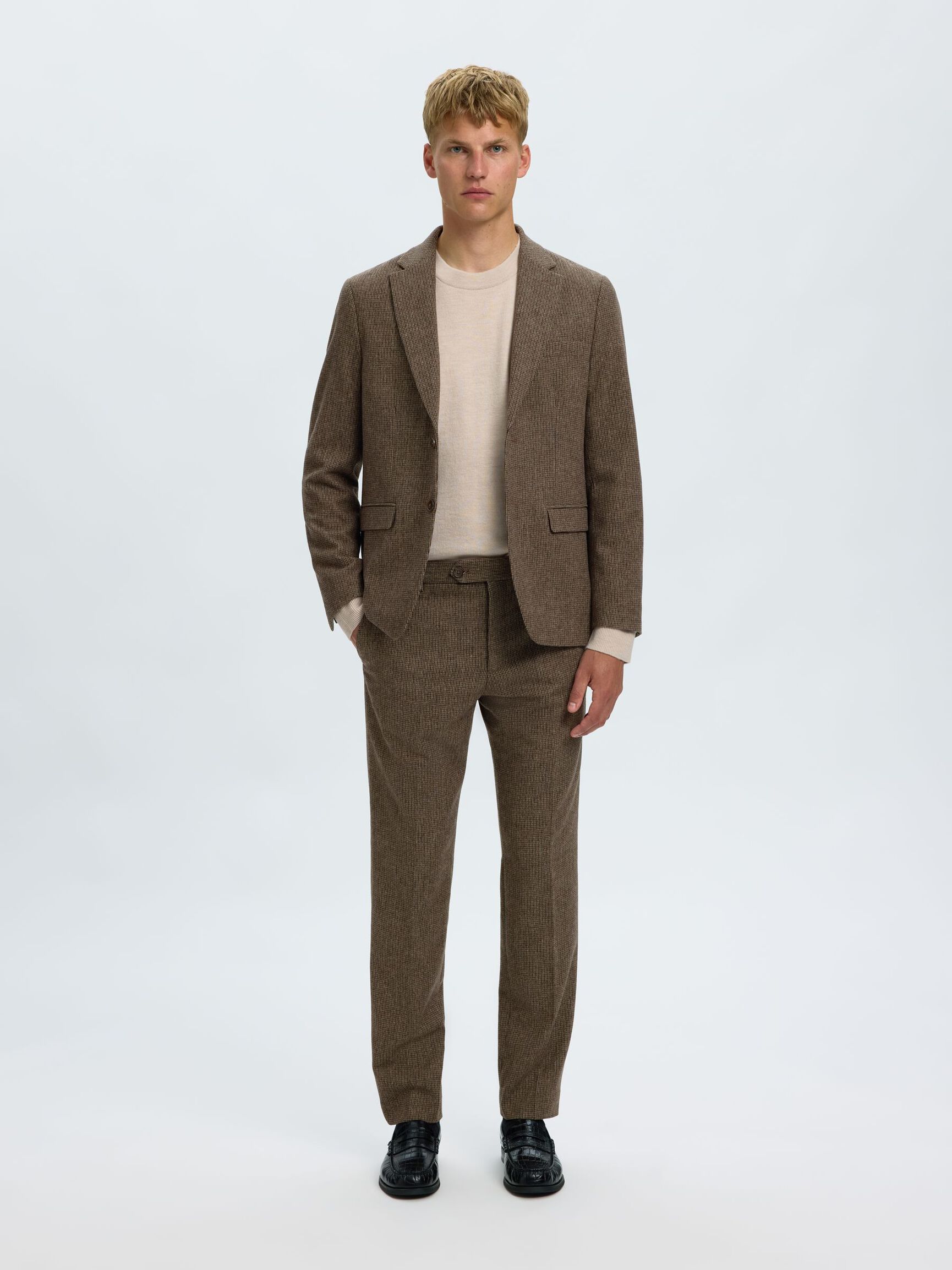 CHECKED WOOL BLEND TROUSERS, Medium Brown Melange, highres