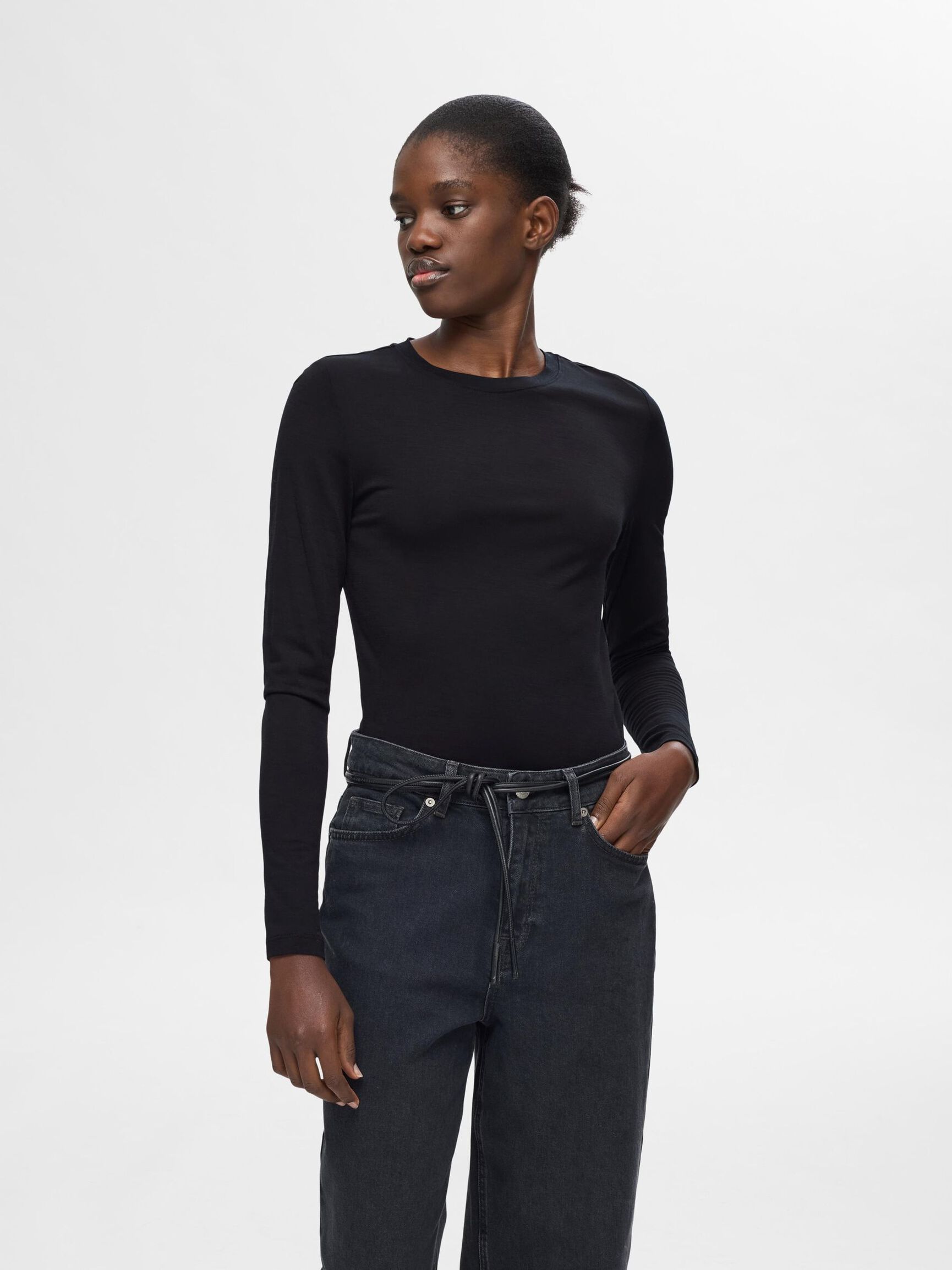 100% WOOL  LONG SLEEVED TOP, Black, highres