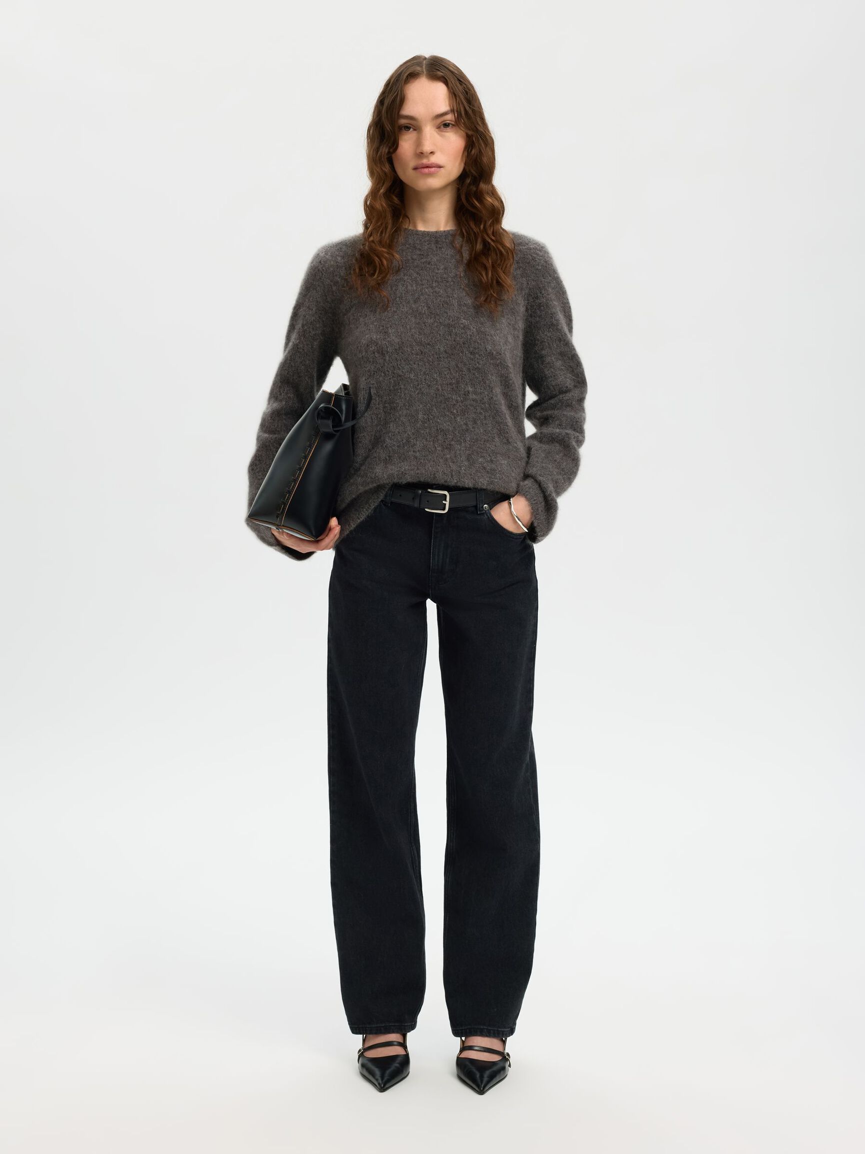 WOOL BLEND KNITTED JUMPER, Medium Grey Melange, highres