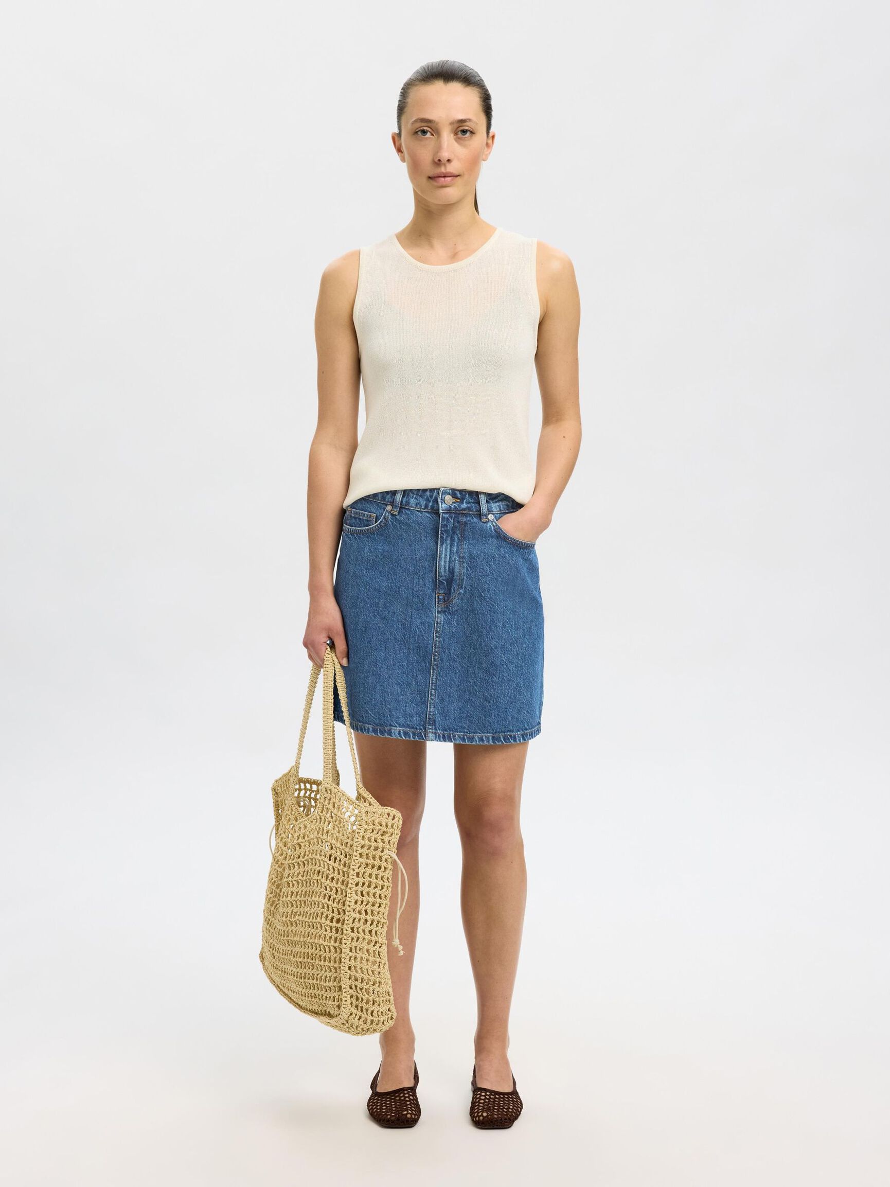 HIGH WAIST DENIM ROK, Medium Blue Denim, highres