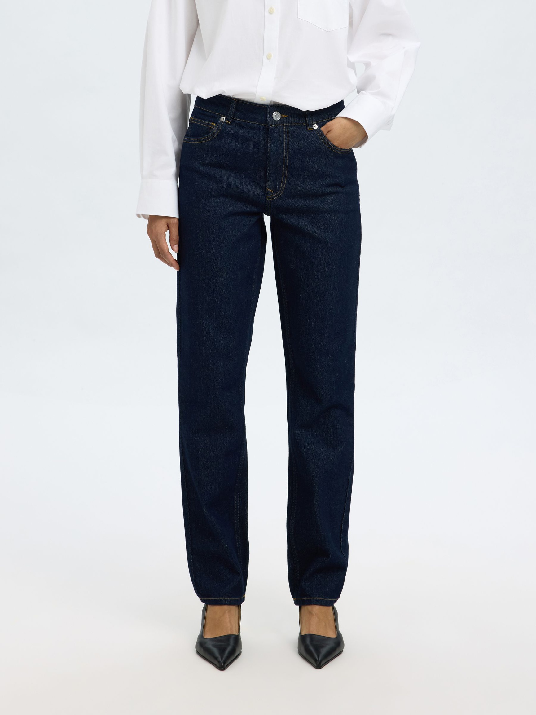 MID WAIST SLIM JEANS MED TAPERED FIT, Dark Blue Denim, highres