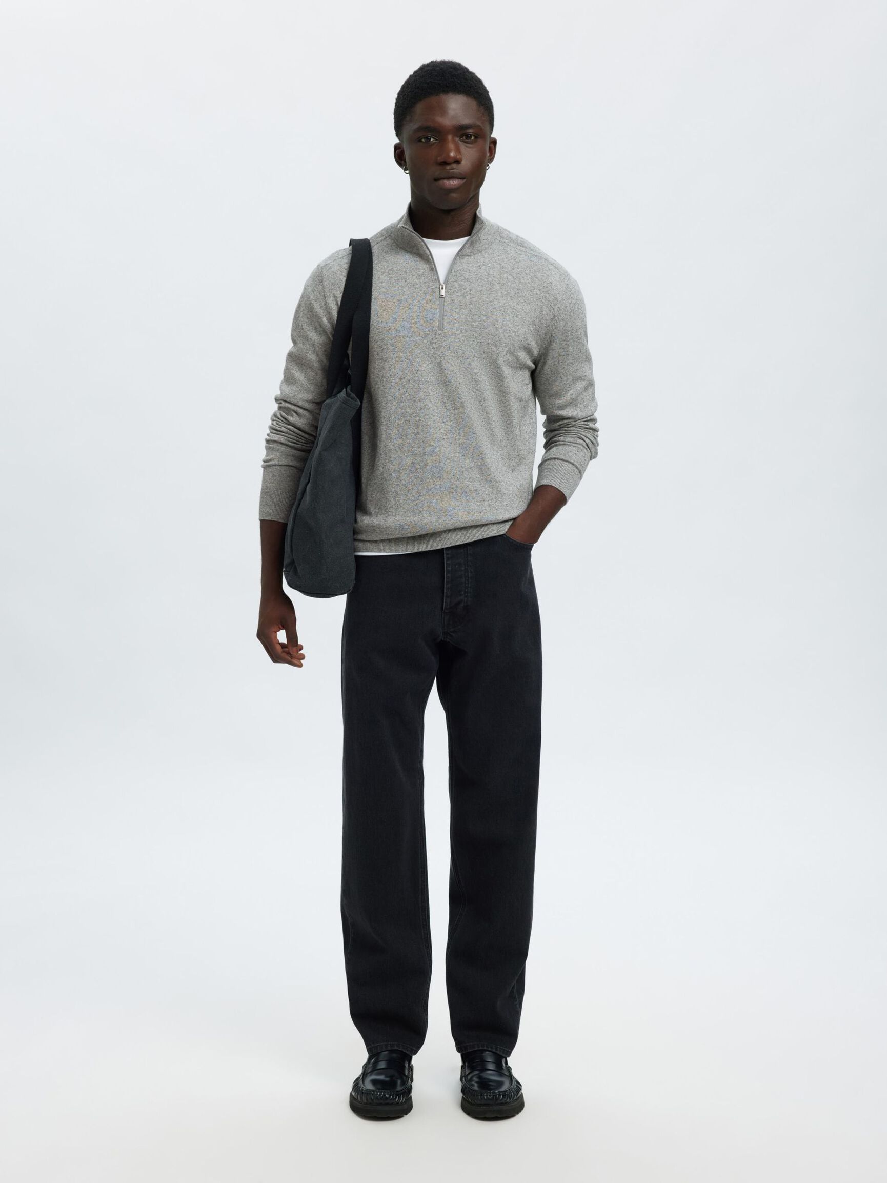 HALF-ZIP KNITTED JUMPER, Light Grey Melange, highres