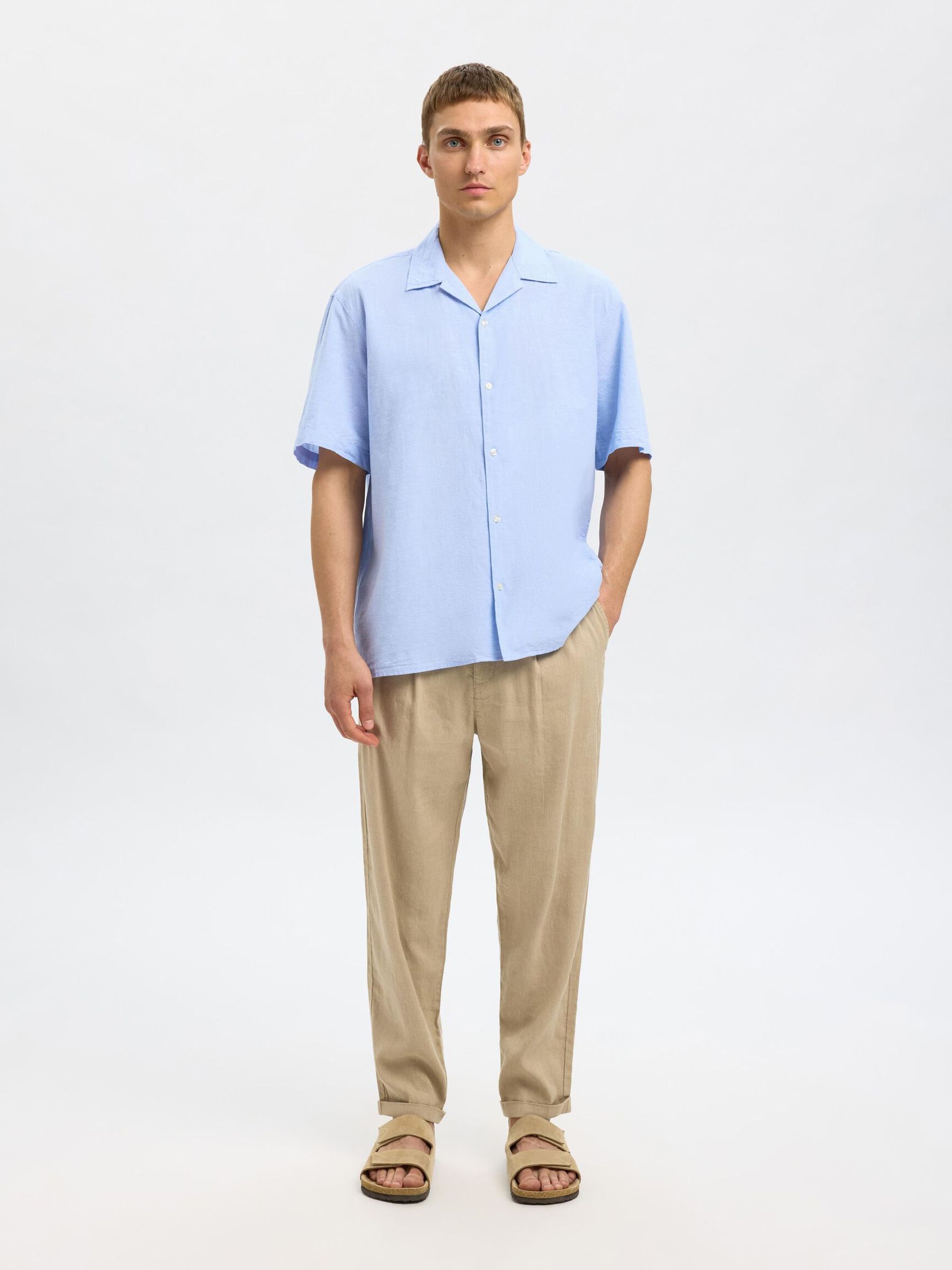 LINEN BLEND SHORT SLEEVED SHIRT, Cashmere Blue, highres