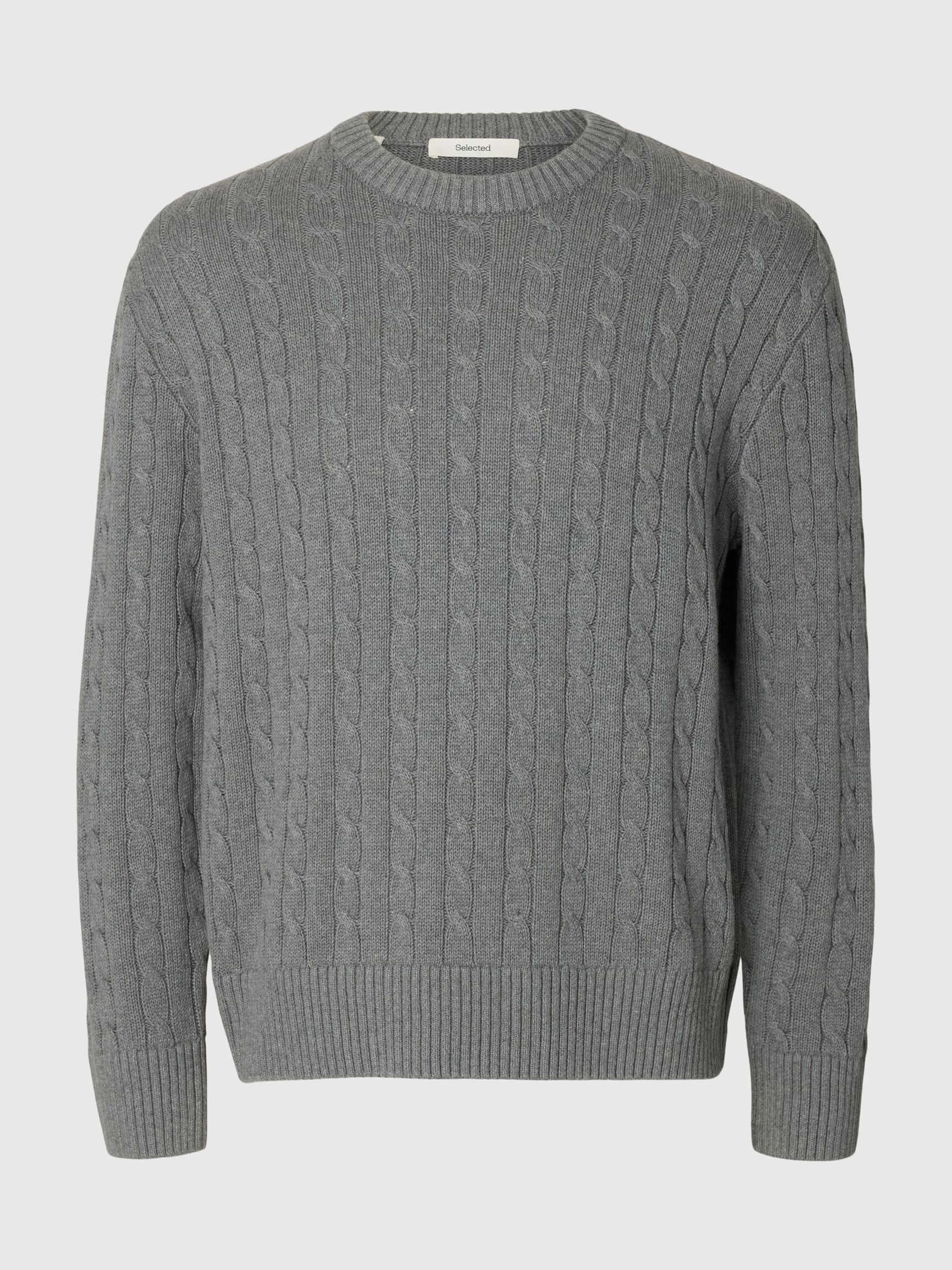 CABLE KNIT PULLOVER, Medium Grey Melange, highres