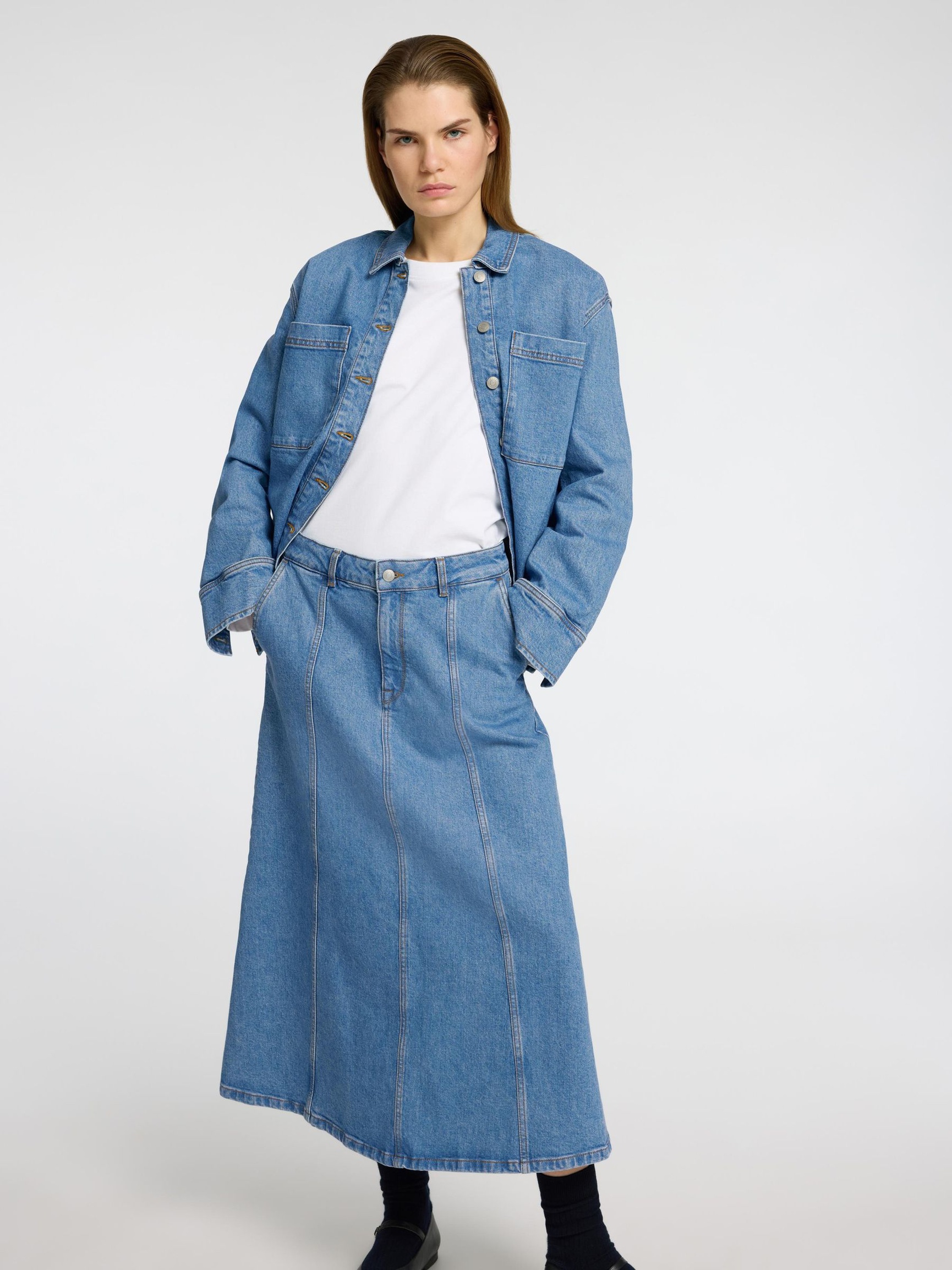 MIDILÅNG JEANSKJOL, Medium Blue Denim, highres