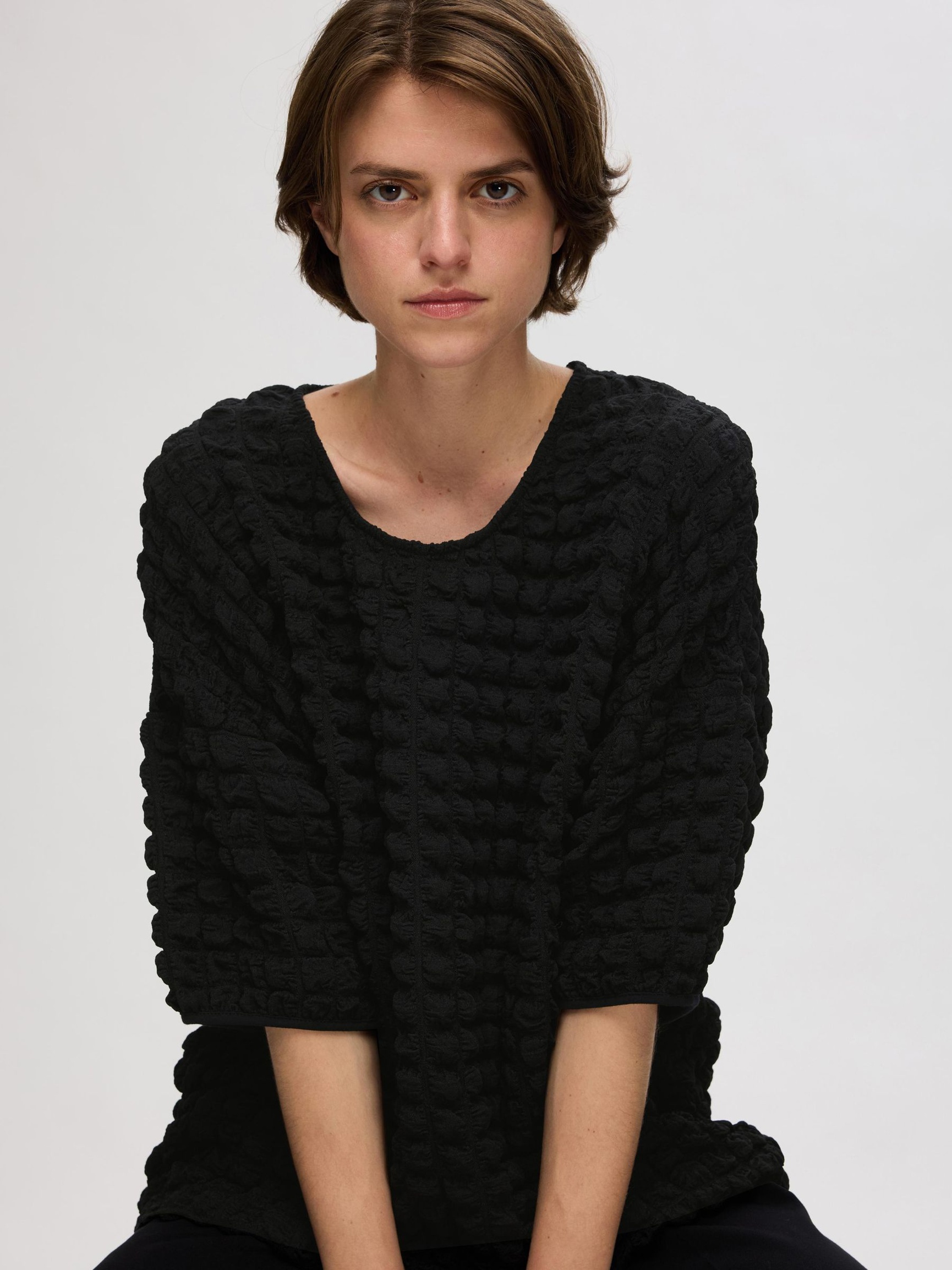 TEXTURED 3/4 SLEEVED TOP, Black, highres