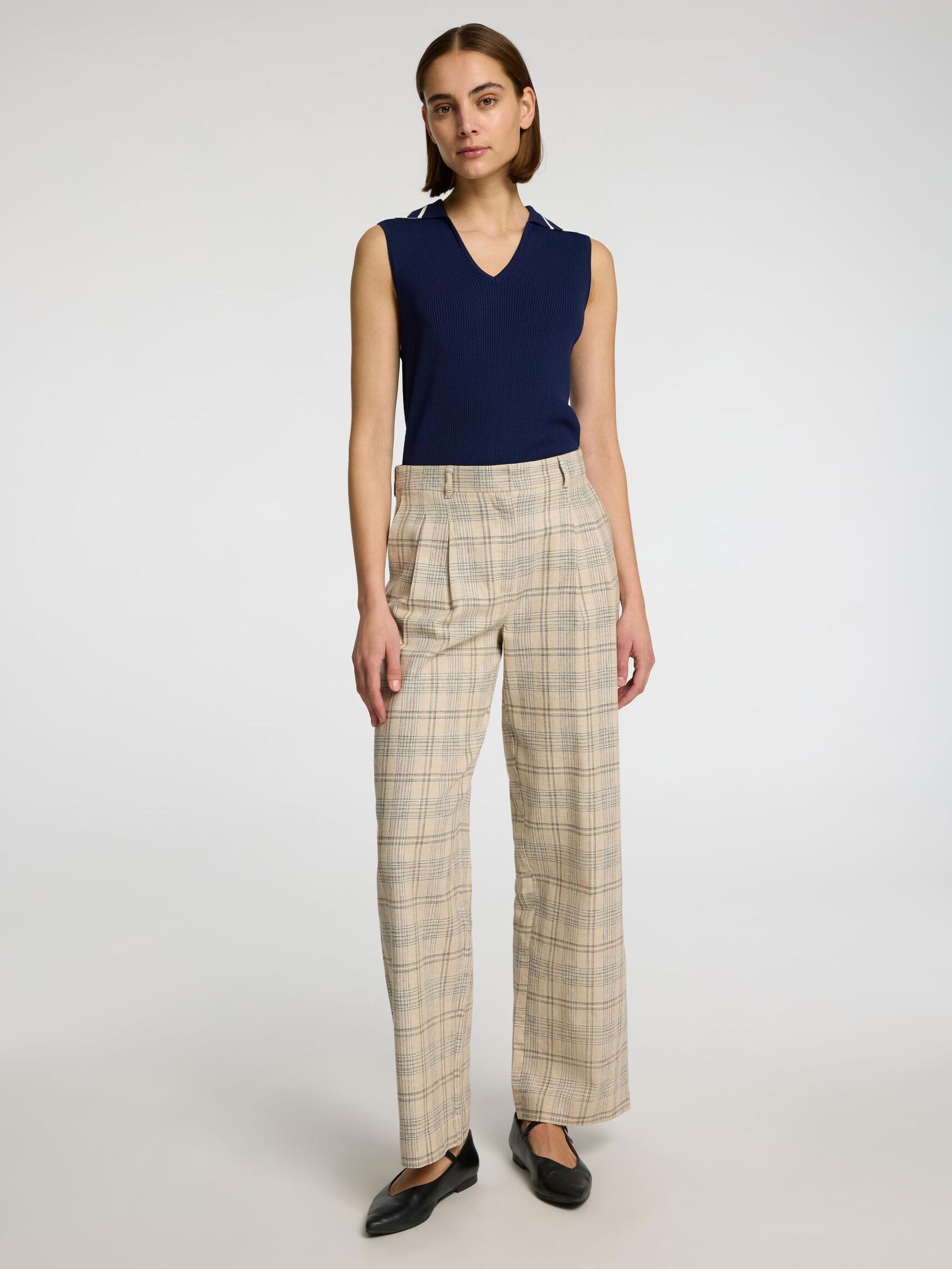 LINEN BLEND CHECKED WIDE-LEG TROUSERS, Bleached Sand, highres