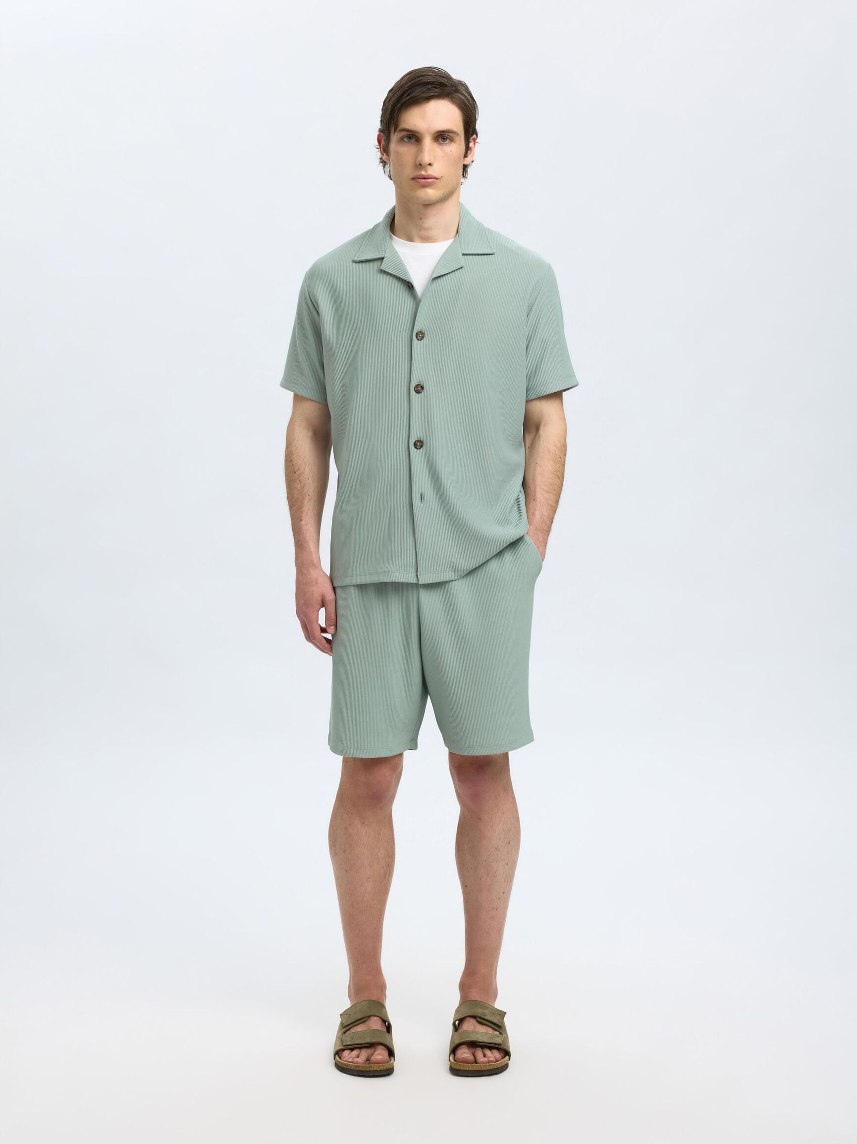 GERIPPTES CUBAN COLLAR KURZARMHEMD, Iceberg Green, highres