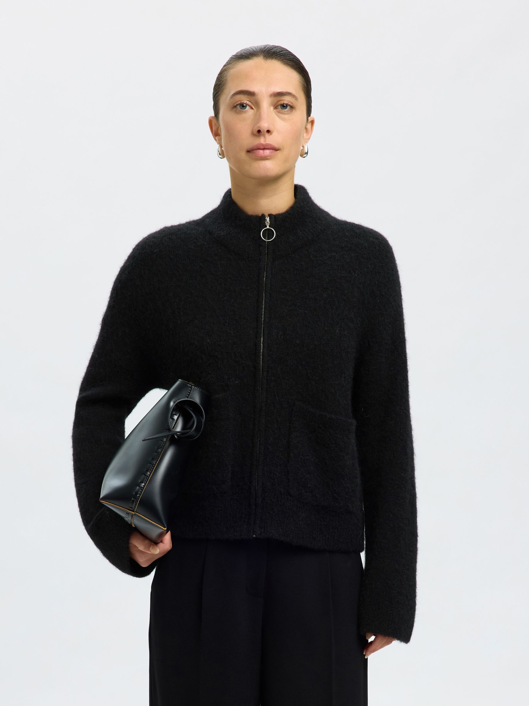 WOOL BLEND CARDIGAN, Black, highres