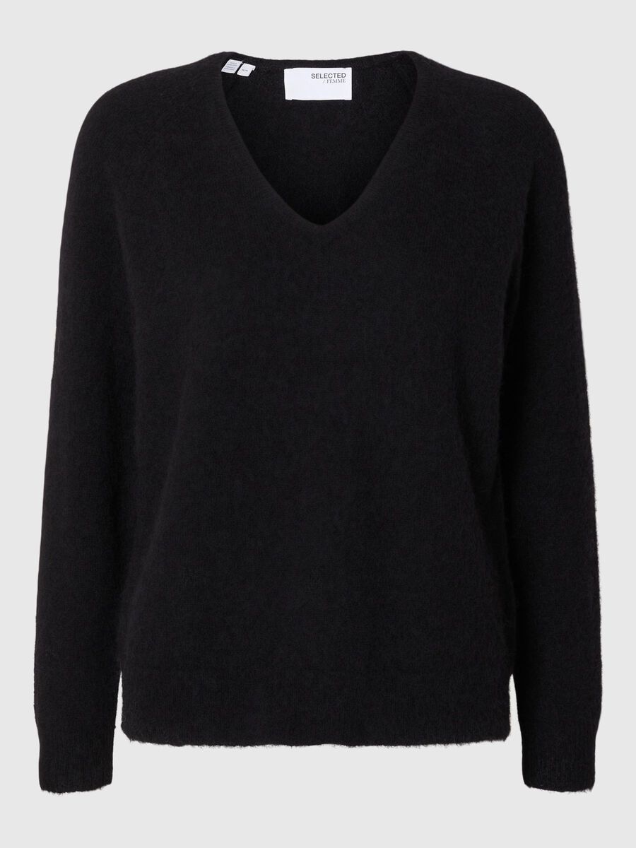 Selected WOOL BLEND V NECK PULLOVER, Black, highres - 16094268_Black_001.jpg
